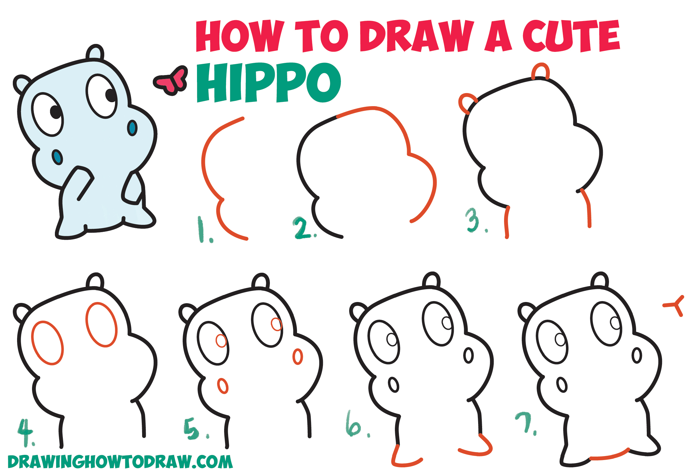 How to Draw a Cute Cartoon Baby Hippo and Butterfly Easy Step by Step