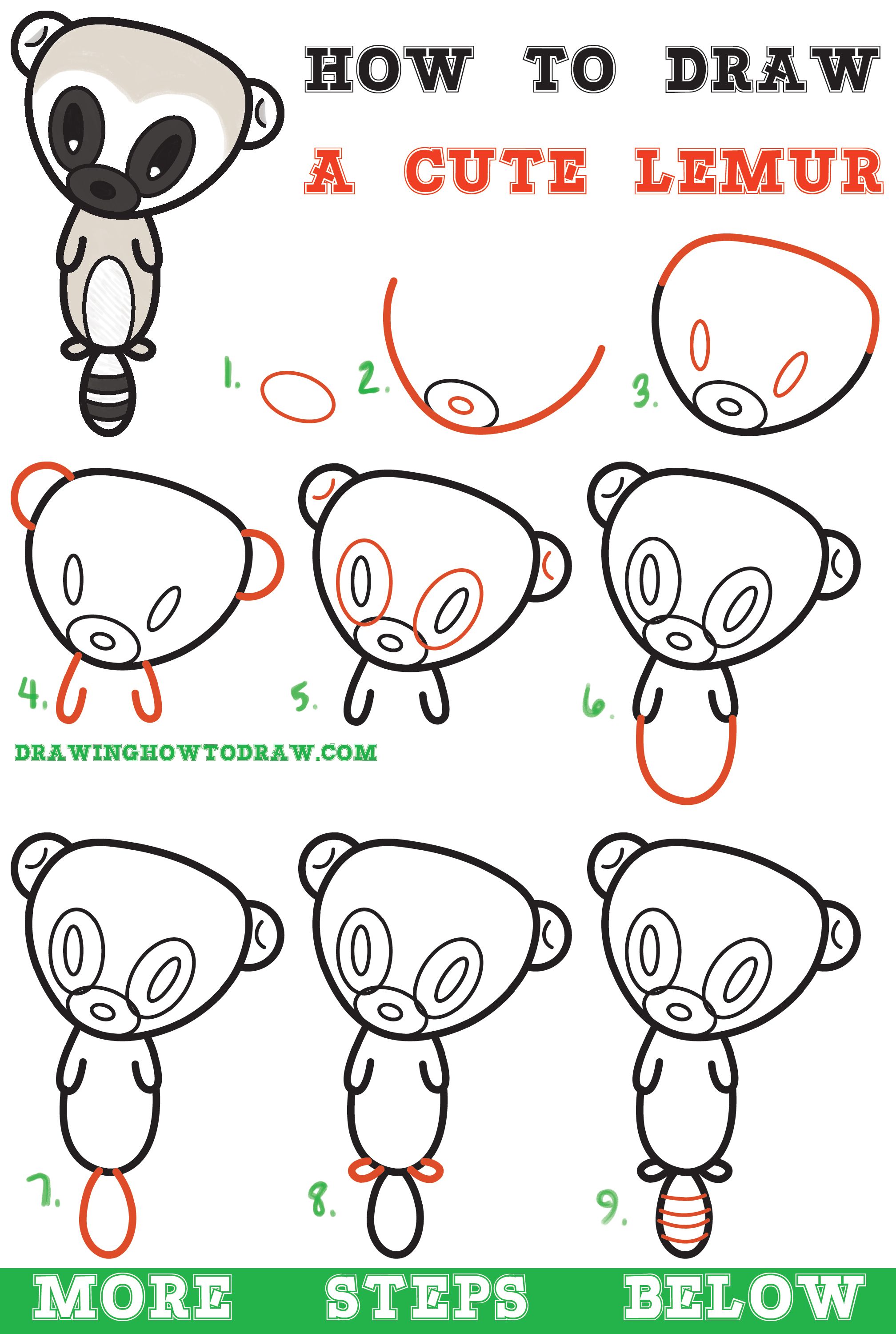 Learn How To Draw A Super Cute Cartoon Lemur Easy Step By Step Drawing Tutorial For Kids 