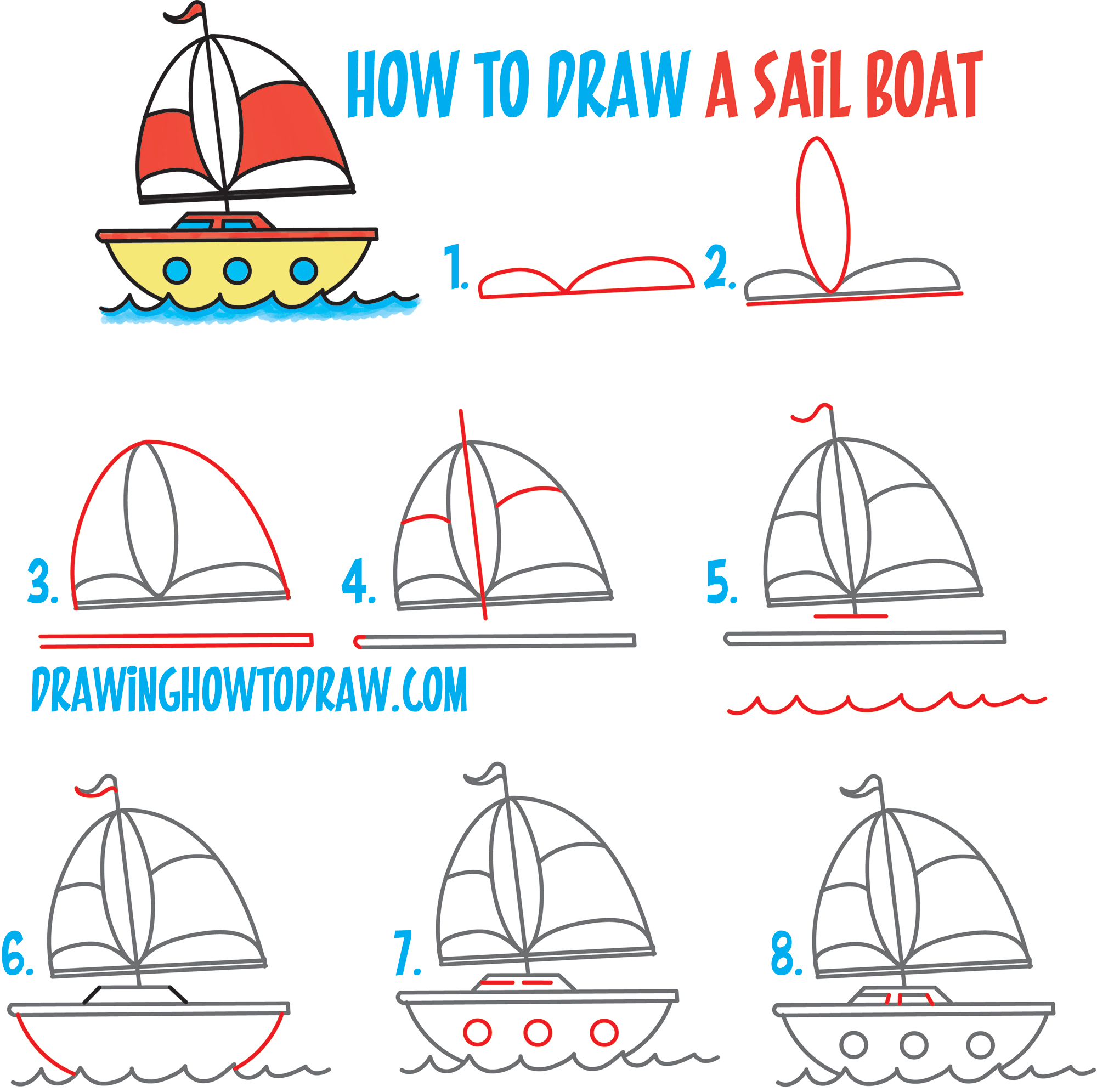 How to Draw a Cartoon Sailboat from the Letter "B" Shape Easy Step by
