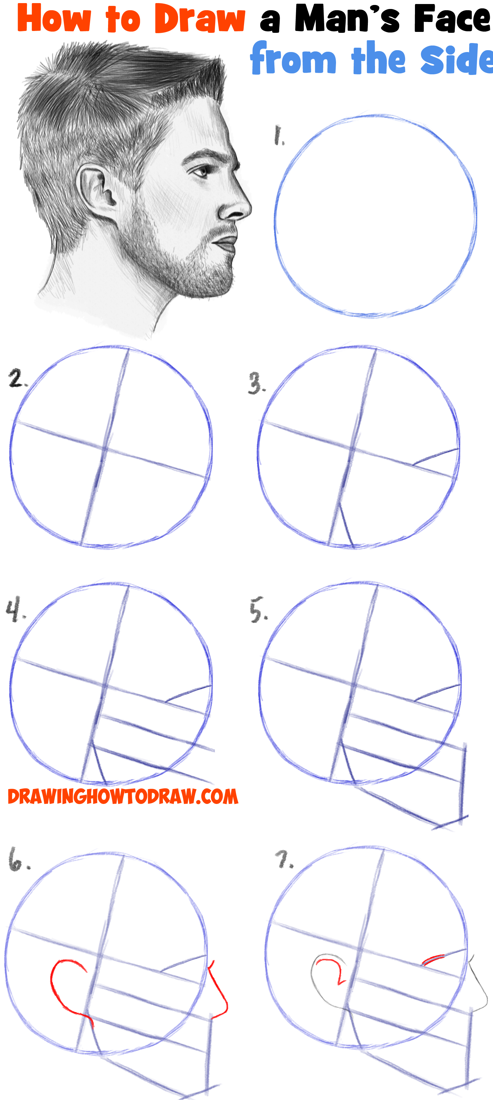 how to draw a face from the side step by step