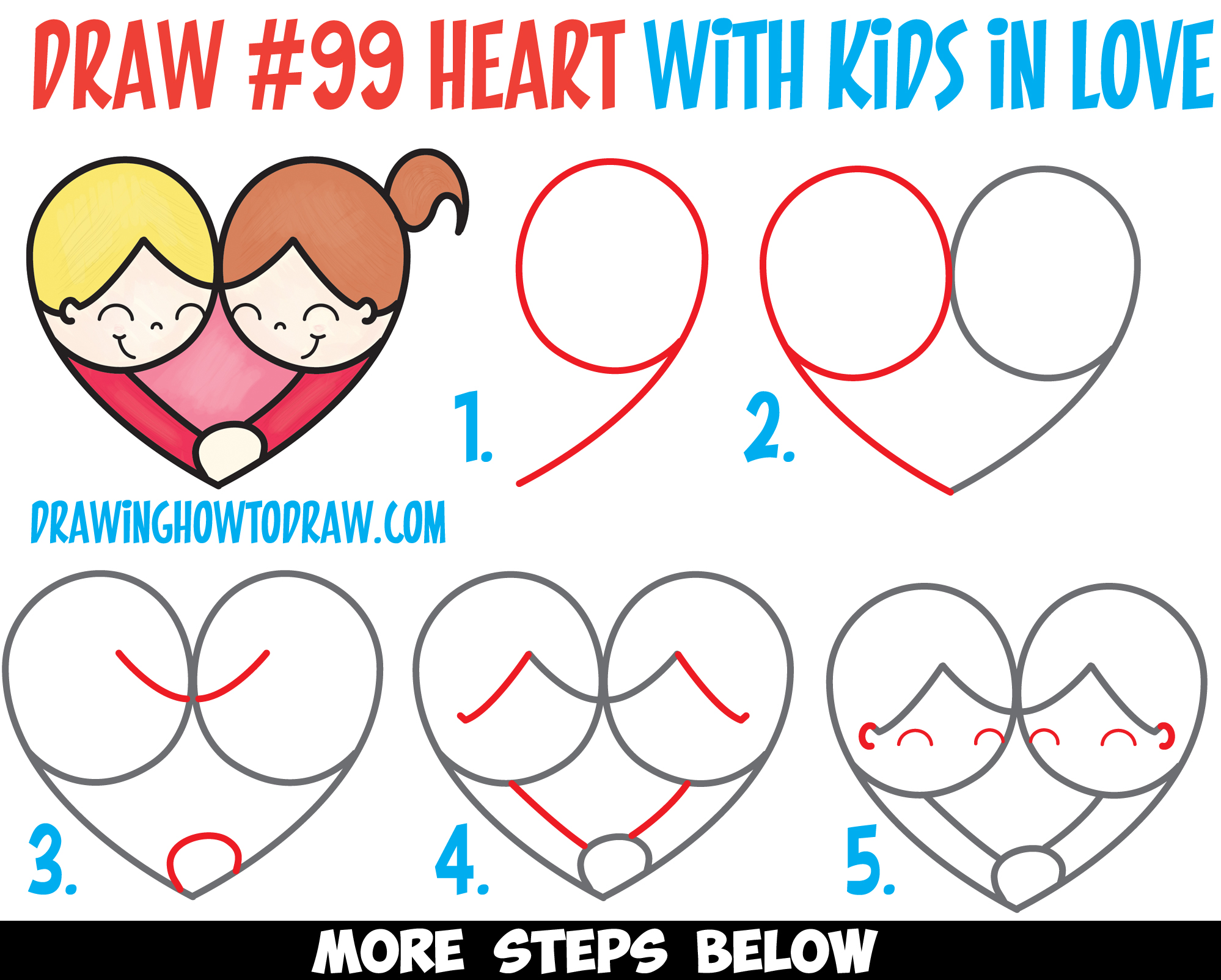 How to Draw Cartoon Kids Hugging to Form a Heart from 99 Shape Easy