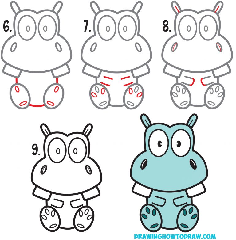 How to Draw a Cute Cartoon Hippo Simple Steps Drawing Lesson for ...
