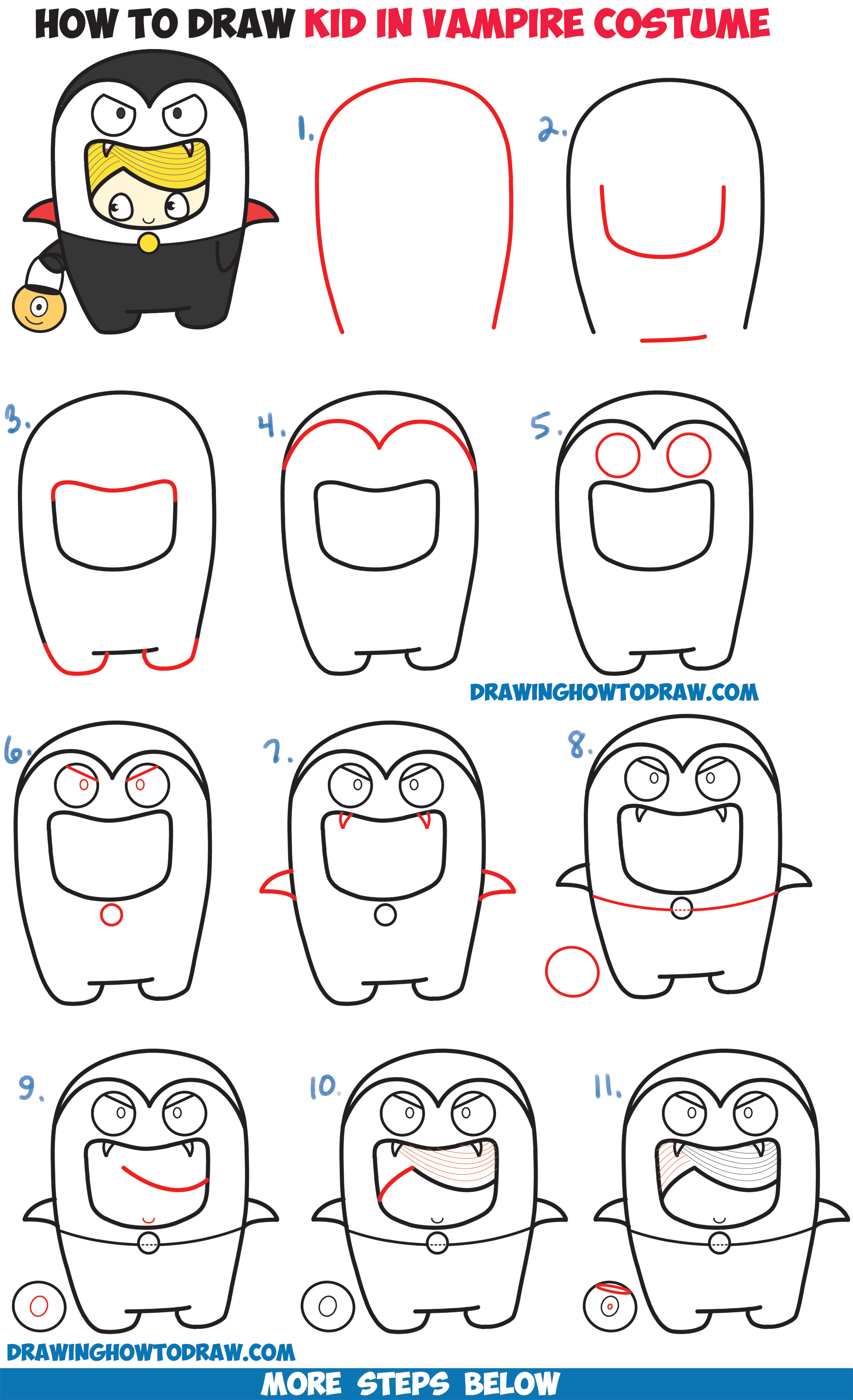 How to Draw a Kid in a Halloween Vampire Costume (Cute Kawaii) Easy