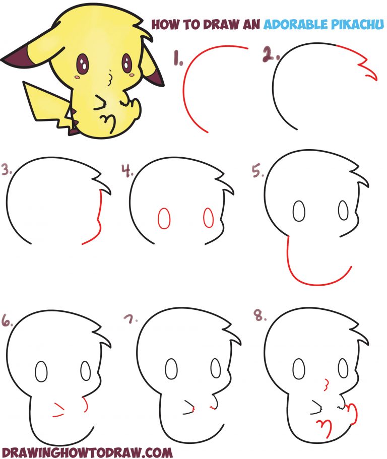 Learn How to Draw an Adorable Pikachu (Kawaii / Chibi) Easy Step by ...