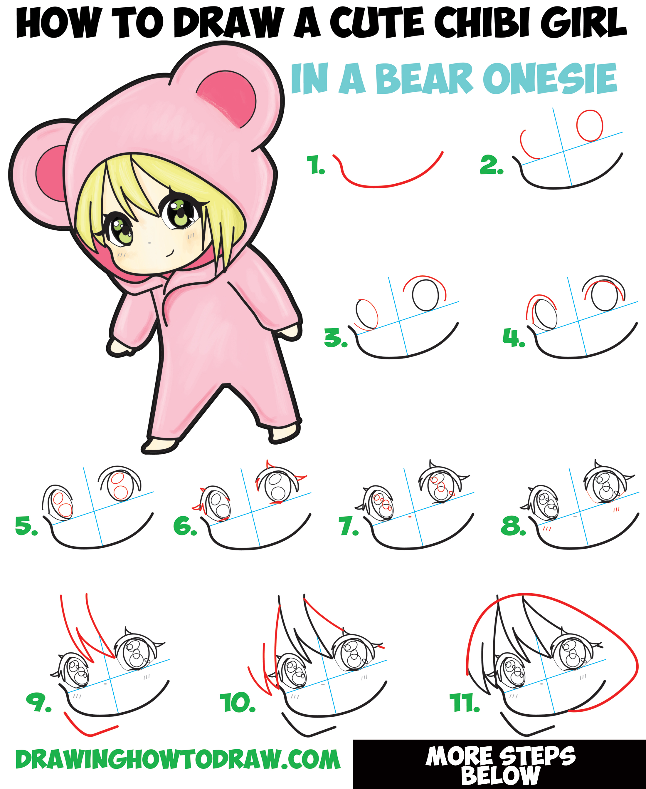 Learn How To Draw A Cute Chibi Girl Dressed In A Hooded Bear Onesie Costume With Easy Steps Drawing Lesson For Kids How To Draw Step By Step Drawing Tutorials