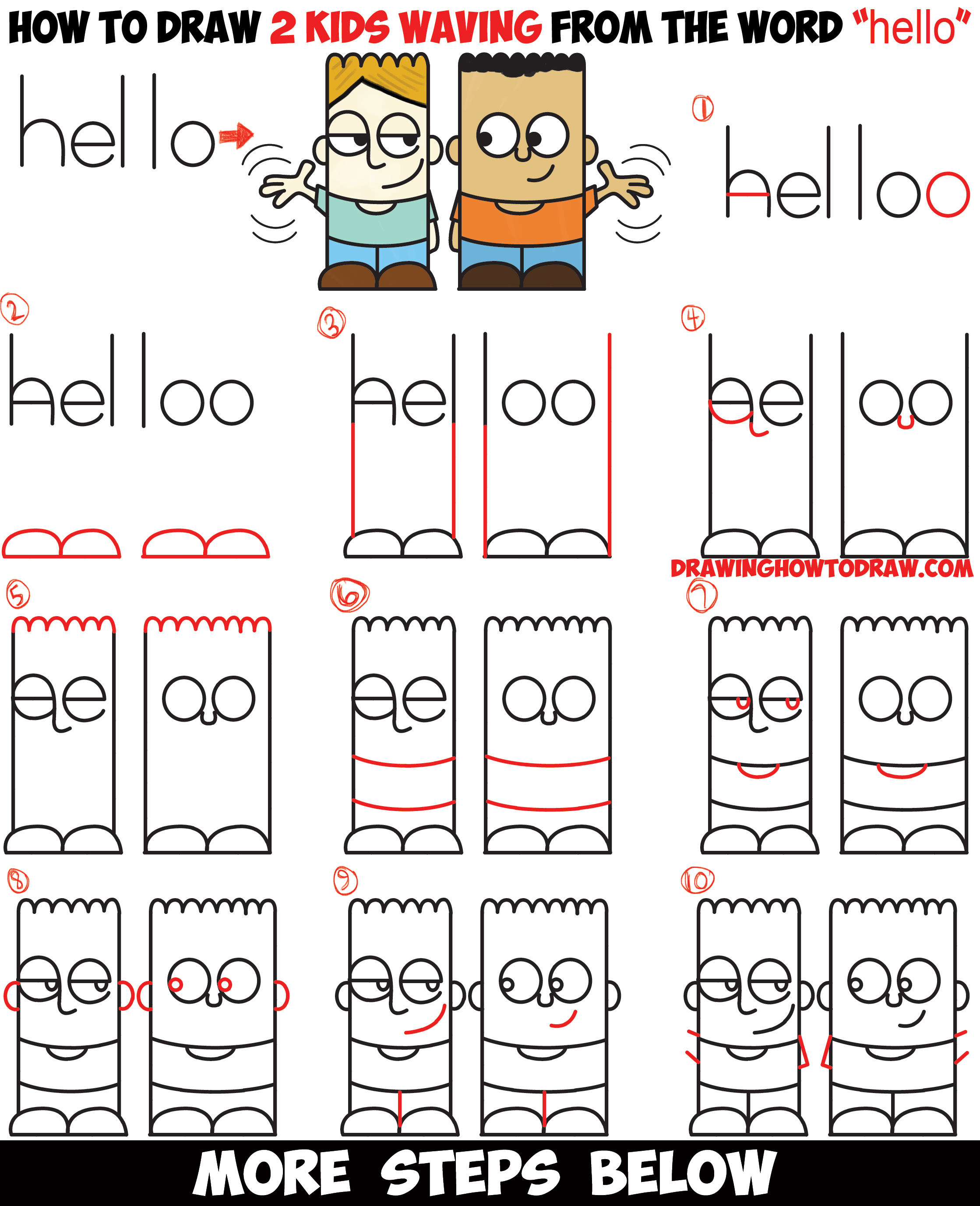 How to Draw 2 Cartoon Characters from the Word "hello