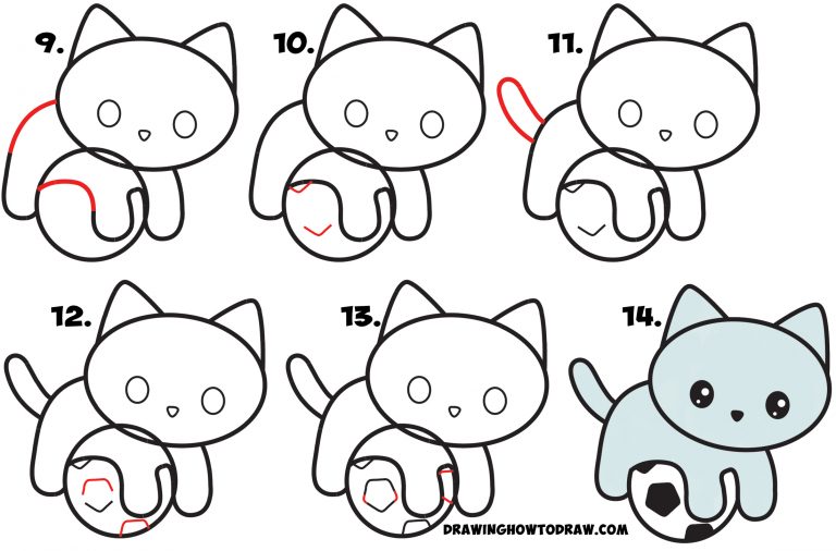 How to Draw a Cute Kitten Playing on a Soccer Ball Easy Step by Step ...