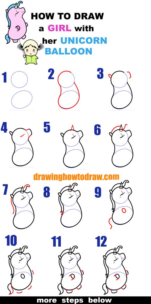 How to Draw a Cute Cartoon (Kawaii) Girl with her Unicorn Balloon Easy ...