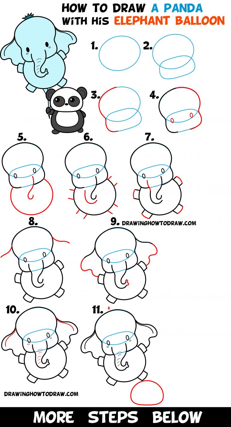 How to Draw a Cute Panda Bear Holding an Elephant Balloon Easy Step by ...