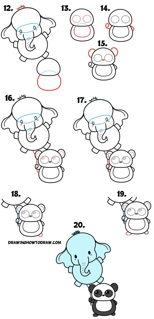 How to Draw a Cute Panda Bear Holding an Elephant Balloon Easy Step by ...