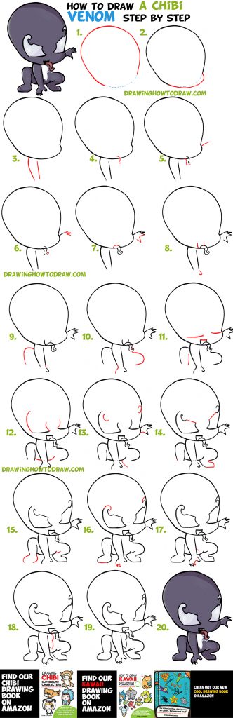 How to Draw Chibi / Cute Venom from Marvel + Spiderman – Easy Step by ...
