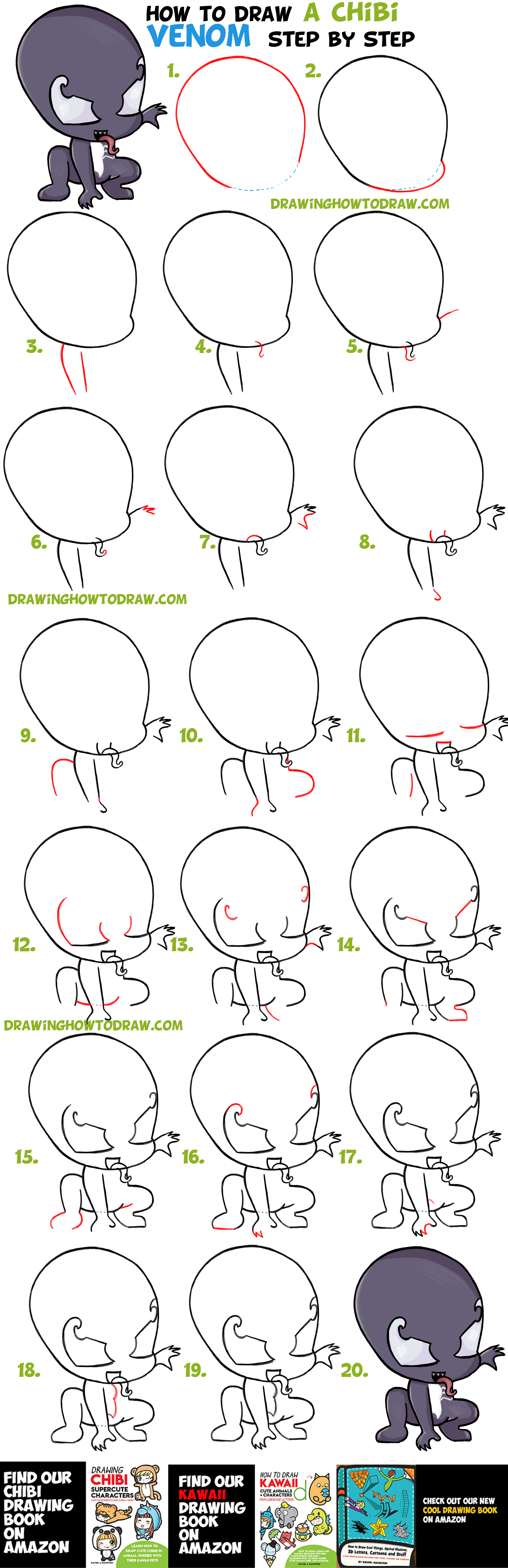 How To Draw Chibi Cute Venom From Marvel Spiderman Easy Step By Step Drawing Tutorial For Kids Beginners How To Draw Step By Step Drawing Tutorials