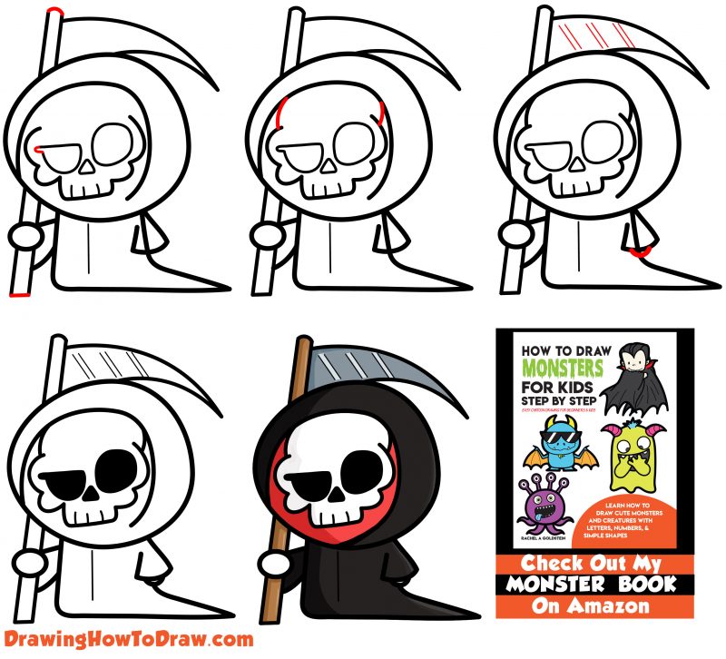 How to Draw a Cute Cartoon Grim Reaper (Kawaii / Chibi) Easy Step by ...