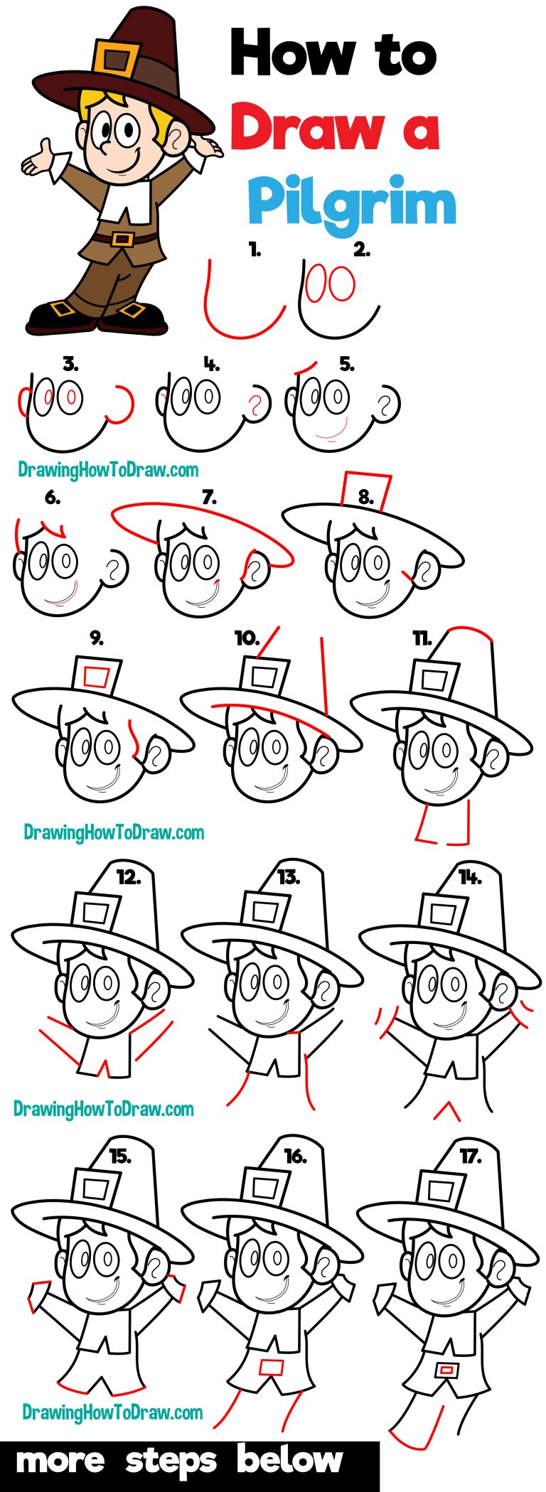 How to Draw a Cartoon Pilgrim for Thanksgiving Easy Step by Step