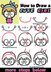 How to Draw a Cute Kawaii Girl with Buns, Headband, and Glasses Easy ...