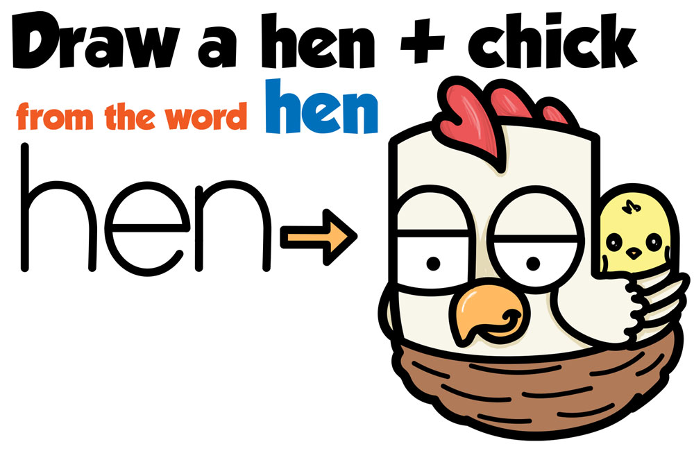 How to Draw a Cartoon Hen / Chicken from the Word "hen" Word Toon Easy Step by Step Drawing Tutorial for Kids