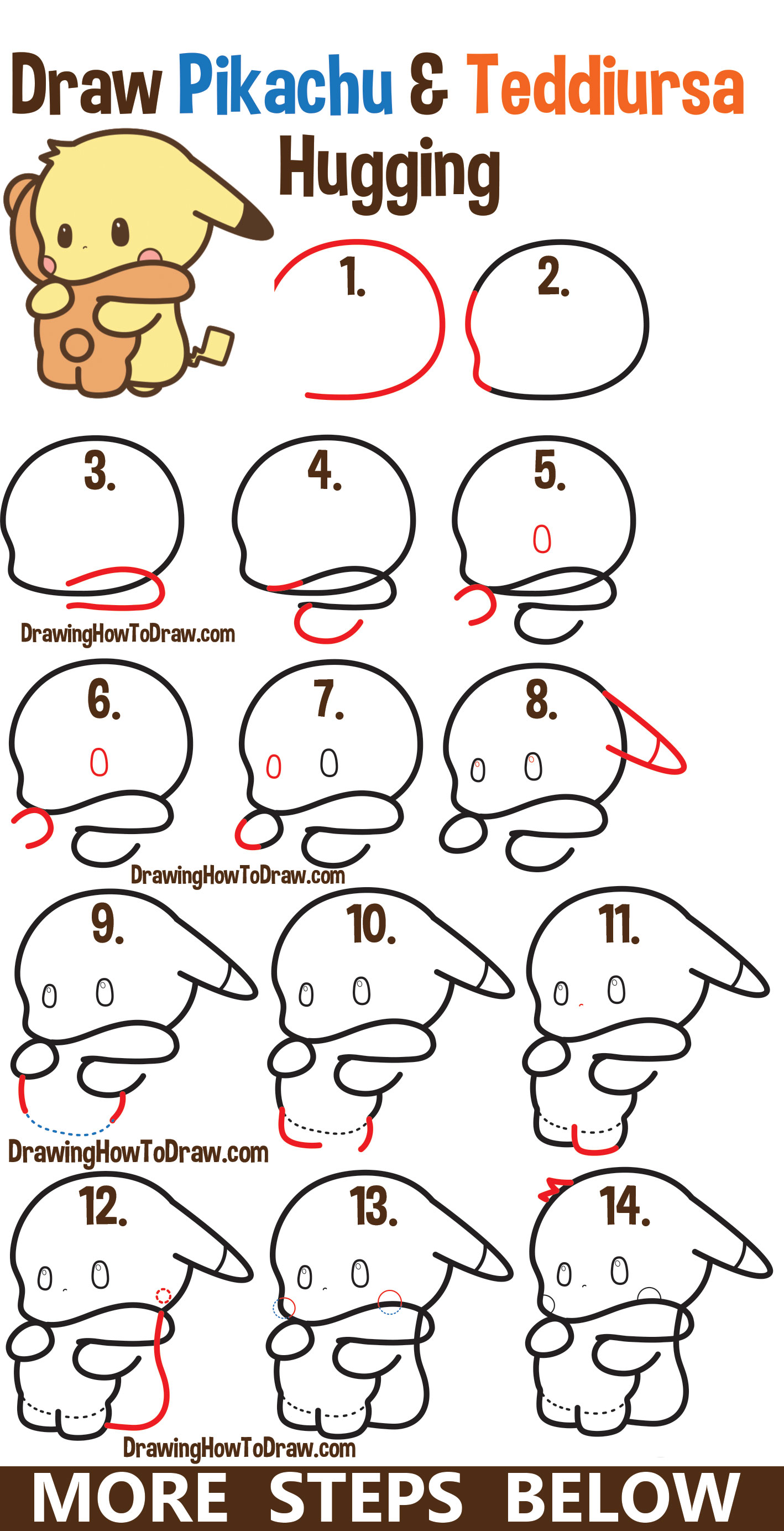 How to Draw a Cute Chibi Pikachu and Teddiursa (Pokemon) Hugging Easy ...
