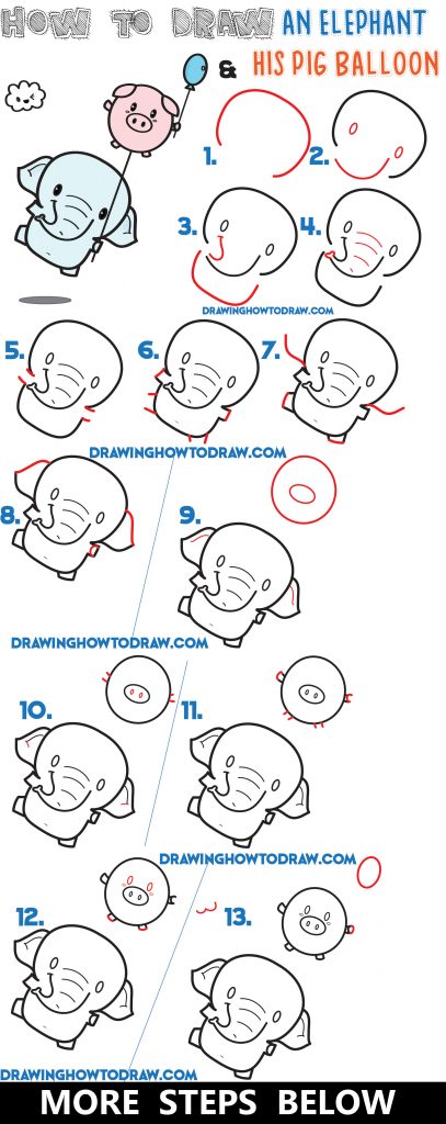 How to Draw a Cute Kawaii / Chibi Elephant Holding a Pig Balloon Easy ...