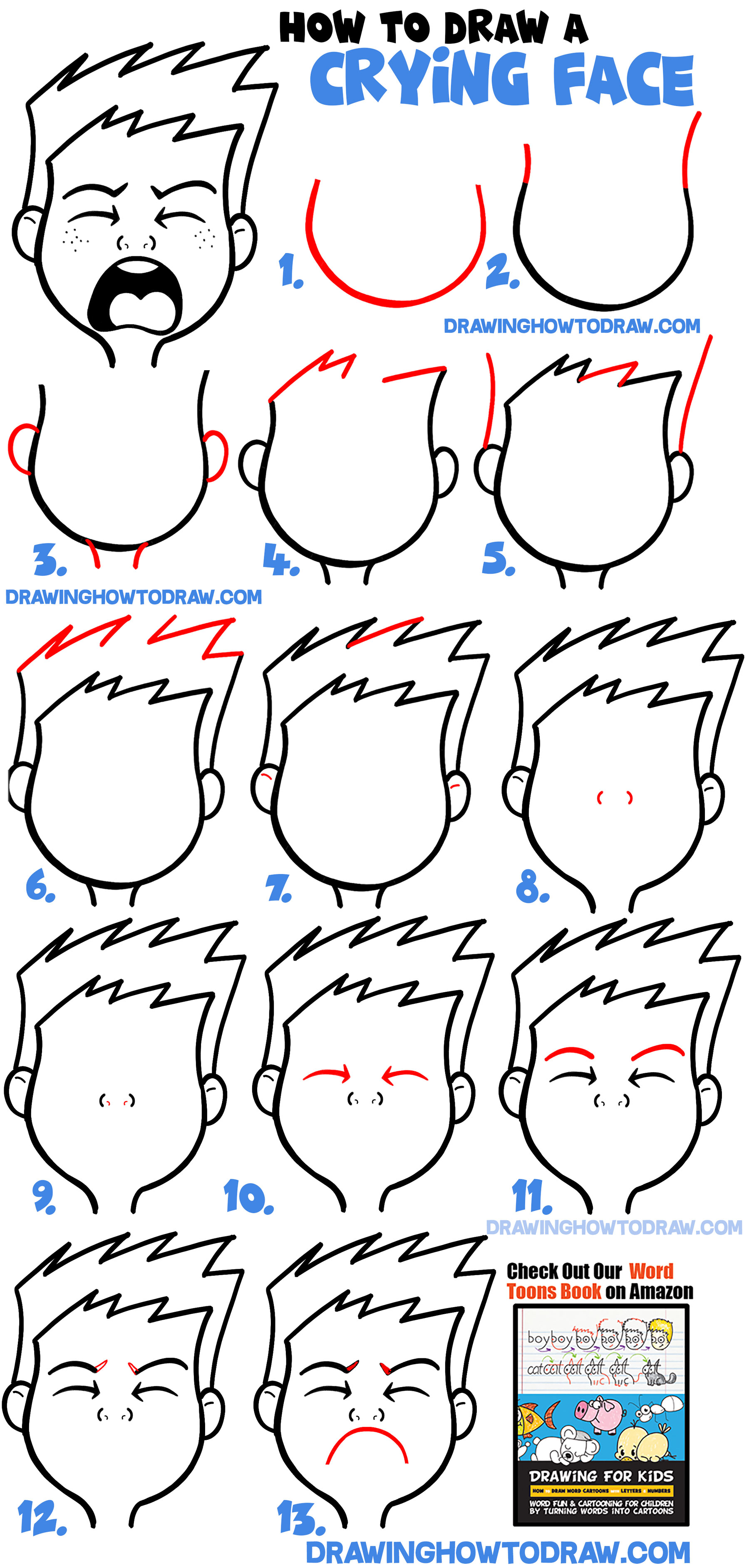 How to Draw Cartoon Facial Expressions Crying, Sad, Sobbing, Bawling