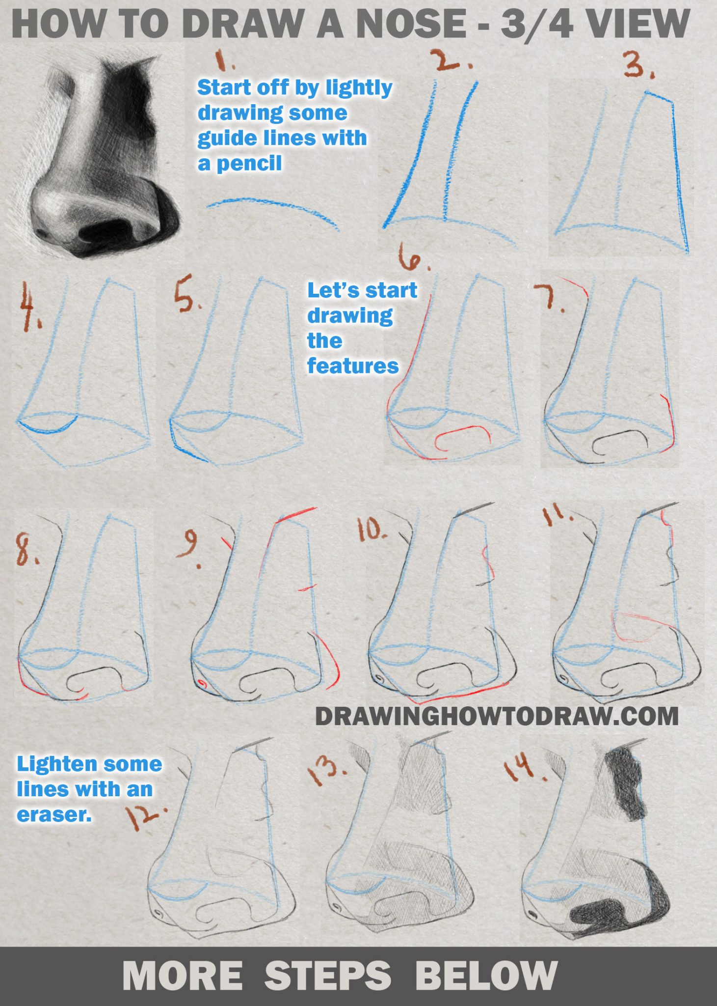 Drawing and Shading a Realistic Nose in 3/4 View in Pencil or Graphite ...