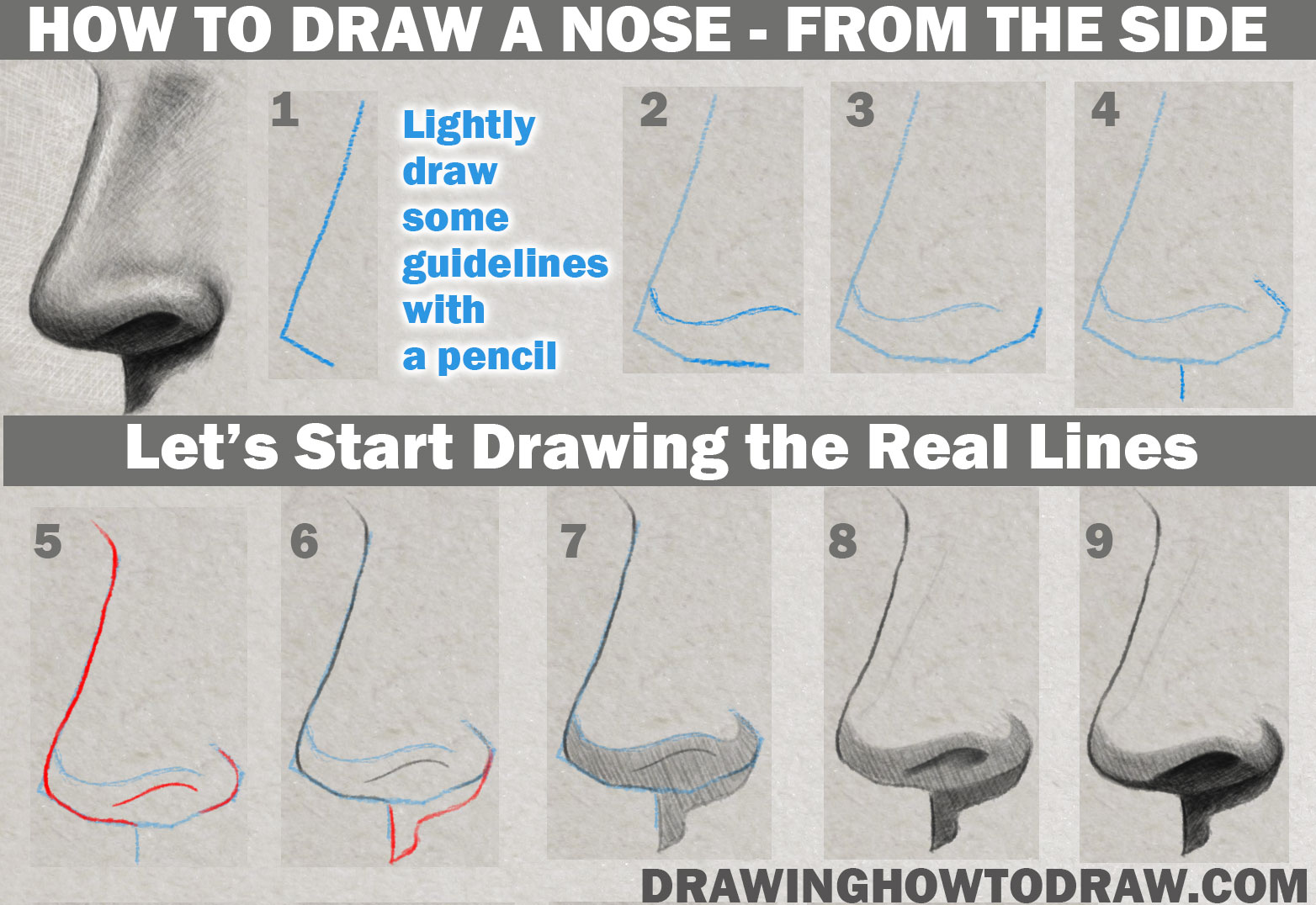 Learn How to Draw and Shade a Realistic Nose (Side View) in Pencil or Graphite Simple Steps Lesson