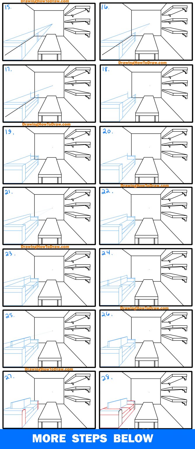 How to Draw a Room in 1 Point Perspective Easy Step by Step Drawing ...