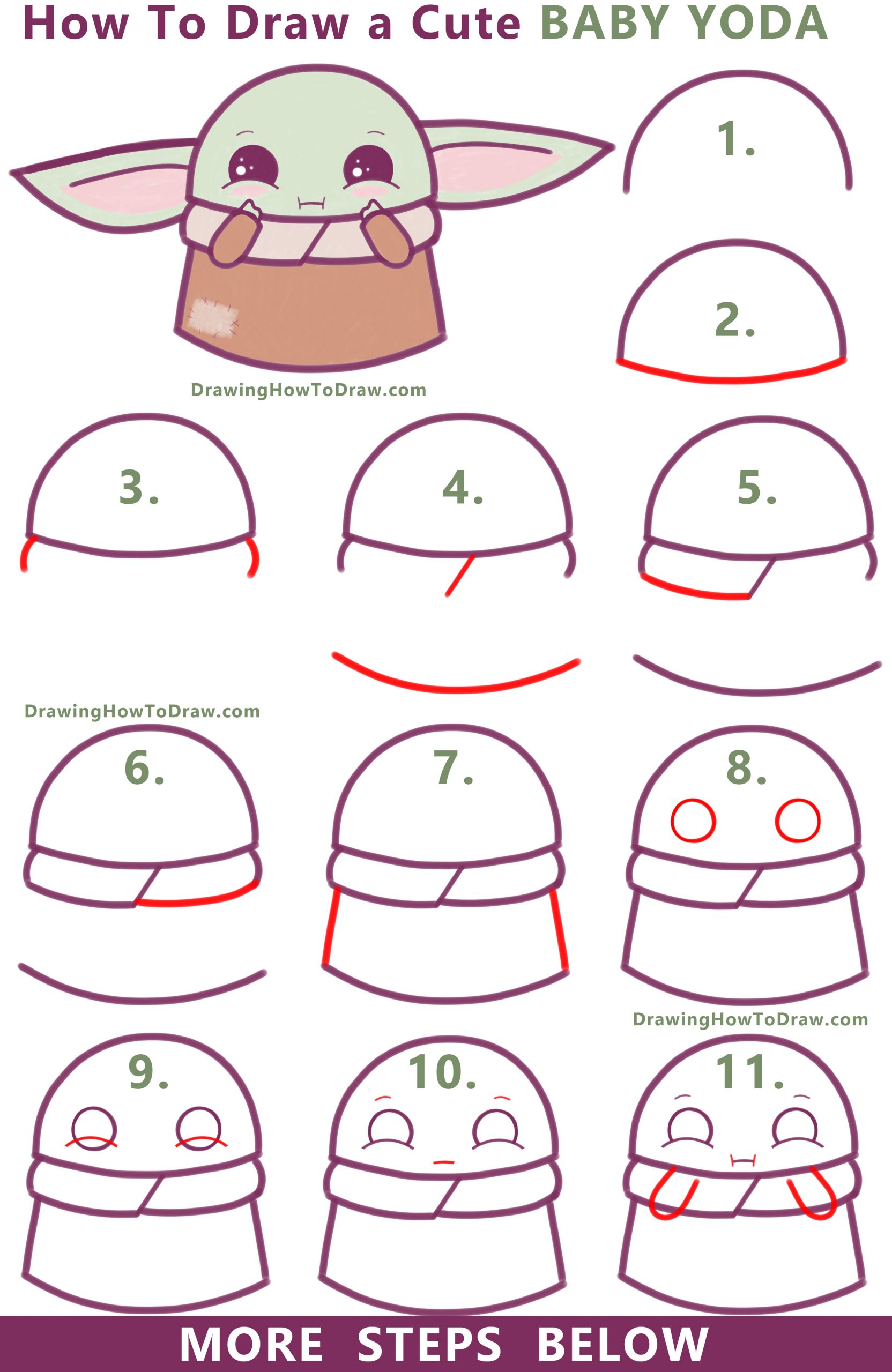 How to Draw a Cute Cartoon Baby Yoda (Kawaii / Chibi) Easy Step by ...