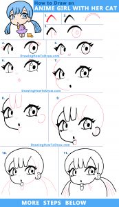 How to Draw a Cute Manga / Anime / Chibi Girl with her Kitty Cat – Easy ...