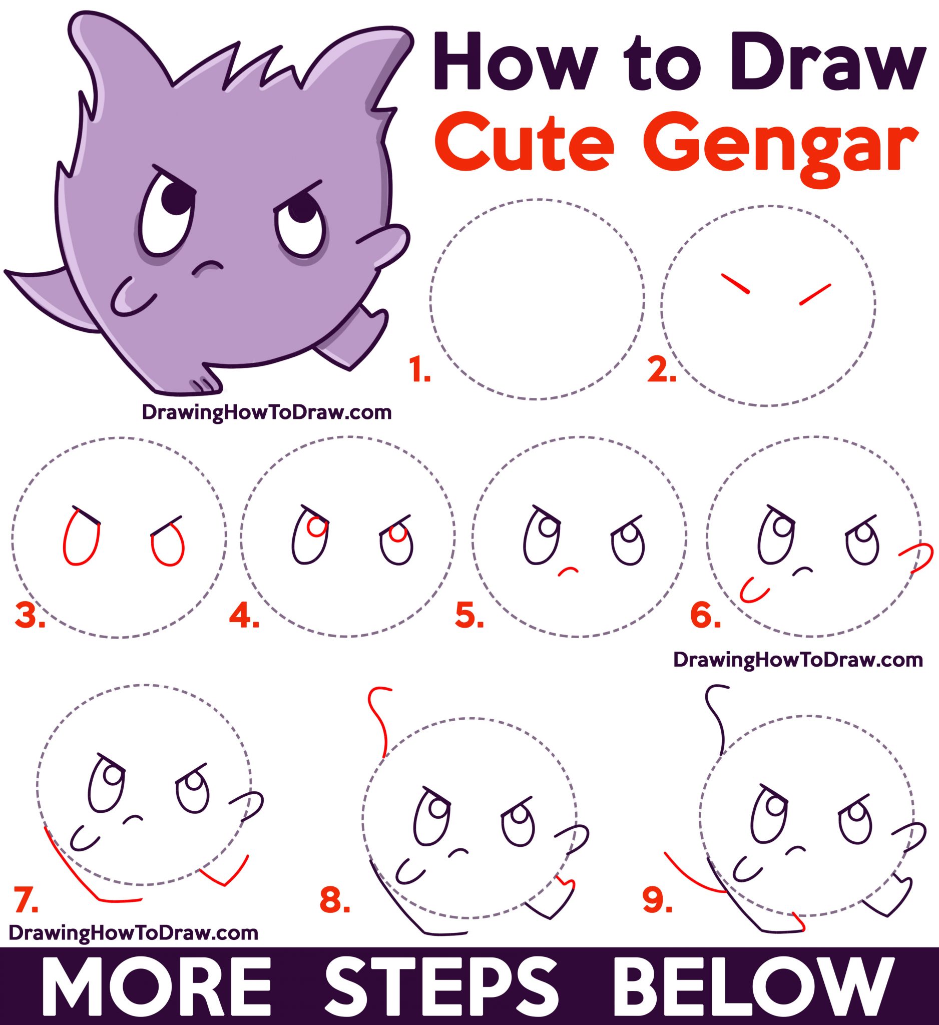 How to Draw a Cute / Kawaii / Chibi Gengar from Pokemon Easy Step by ...