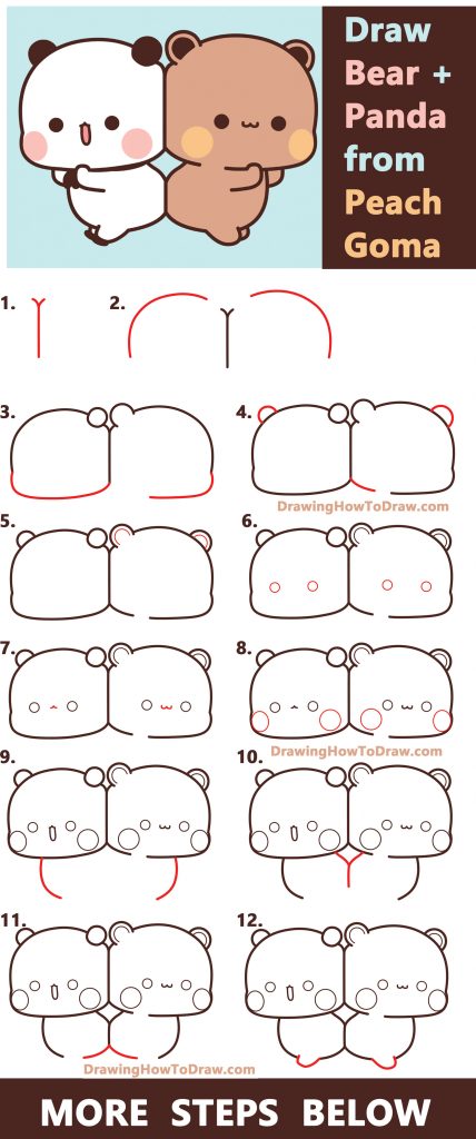 How to Draw Bear and Panda from Peach Goma (Kawaii) Easy Step by Step ...