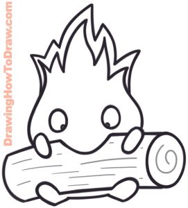 How to Draw Calcifer Eating a Log (Cute Kawaii) from Howl’s Moving ...