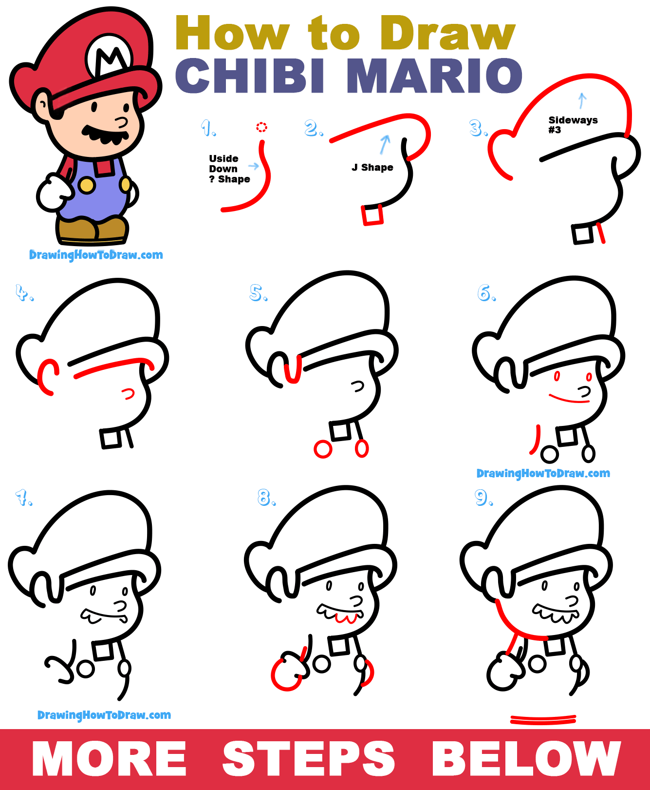How to Draw a Cute Kawaii / Chibi Mario from Super Mario Bros Step by ...