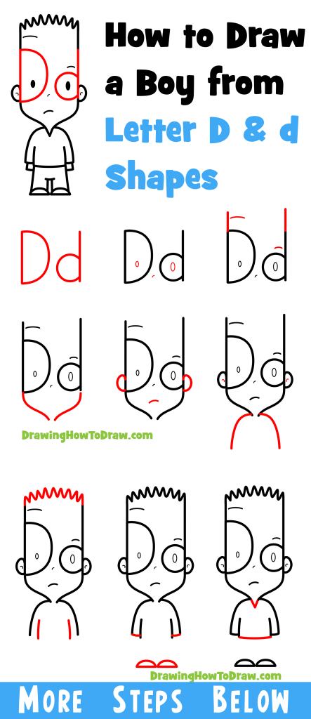 How to Draw a Cartoon Boy with Capital and Lowercase Letter D Shapes ...