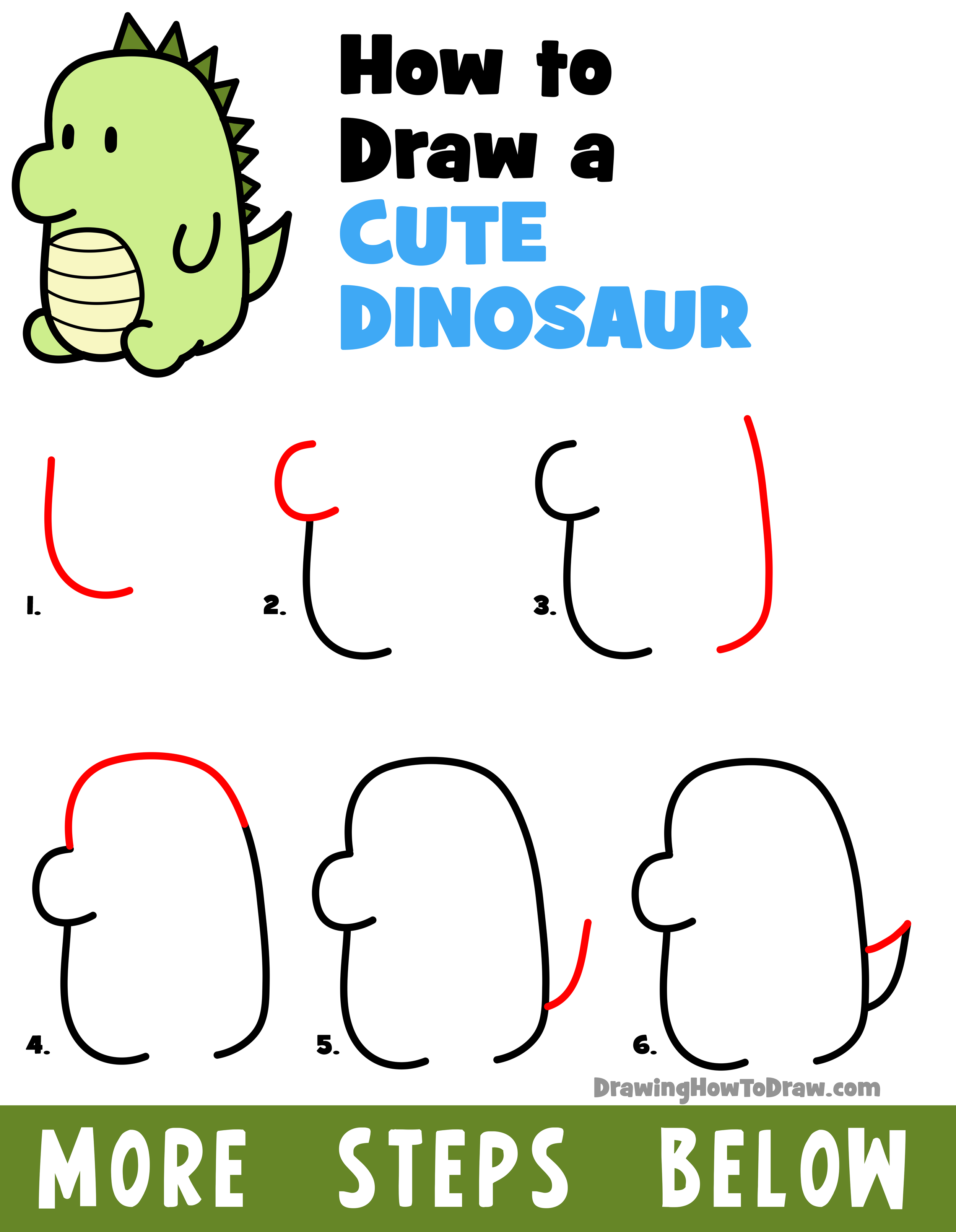 How to Draw a Cute Dinosaur (Kawaii / Chibi) Easy StepbyStep Drawing