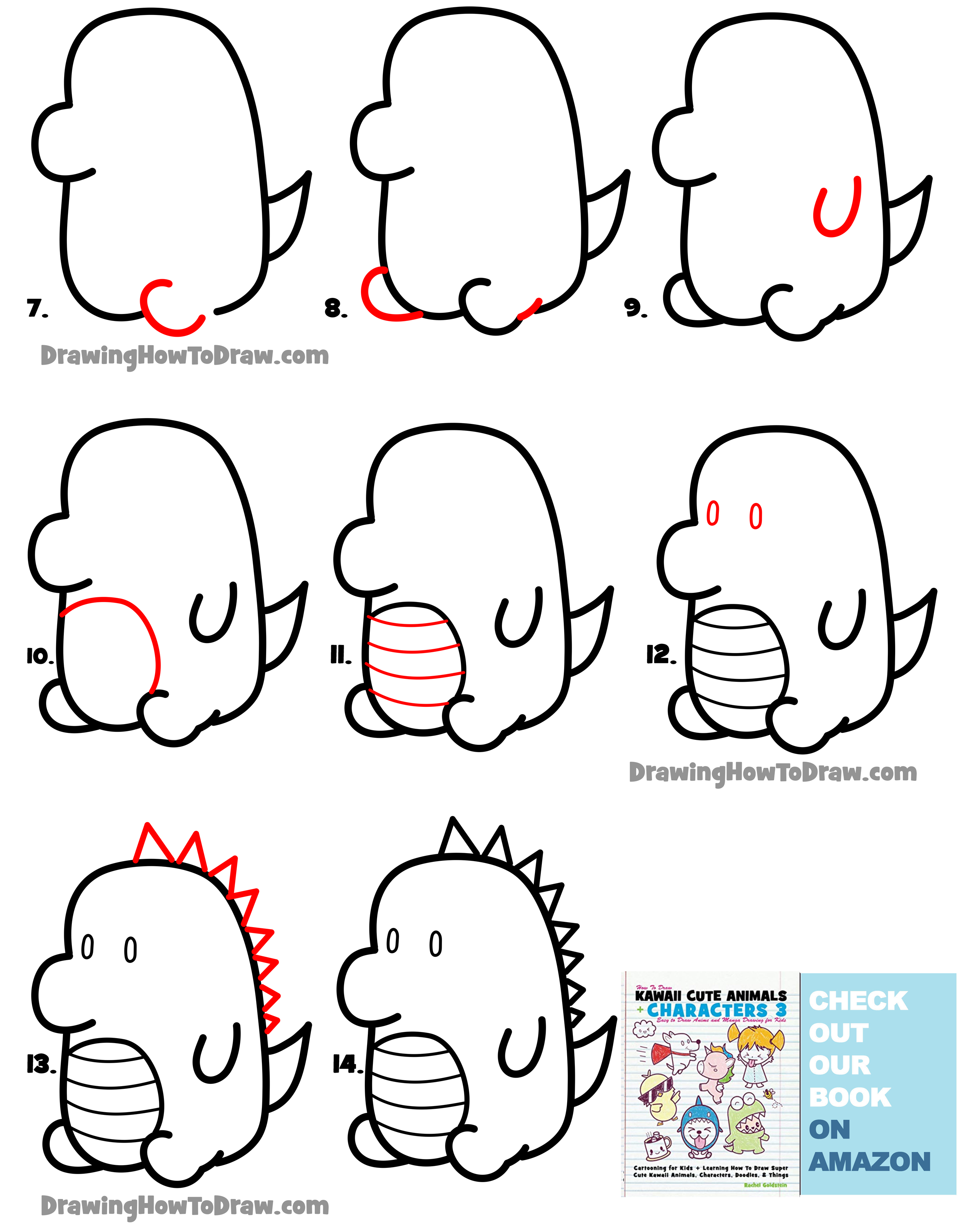 How to Draw a Cute Dinosaur (Kawaii / Chibi) Easy StepbyStep Drawing