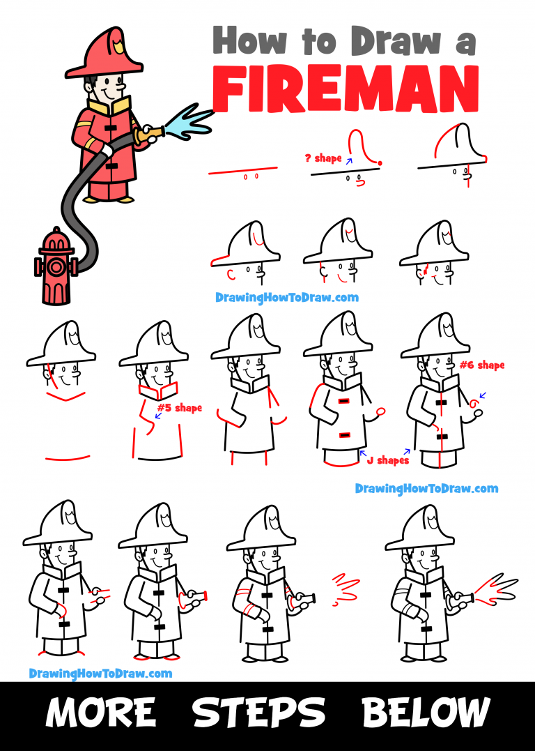 How To Draw A Cartoon Fireman & His Hose & Fire Hydrant   Easy Step By