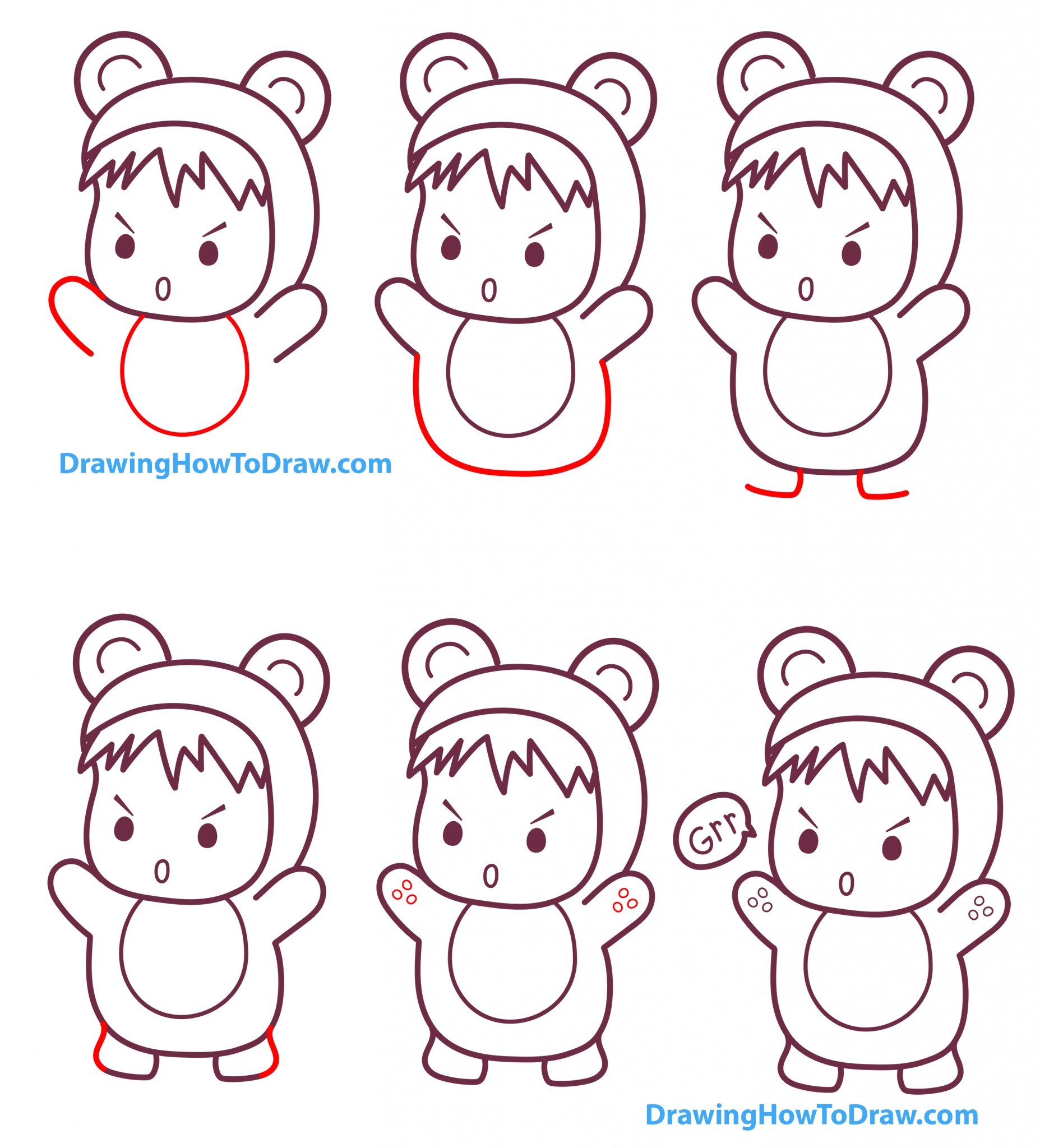 How to Draw a Kawaii / Chibi Boy or Girl in a Bear Onesie Costume