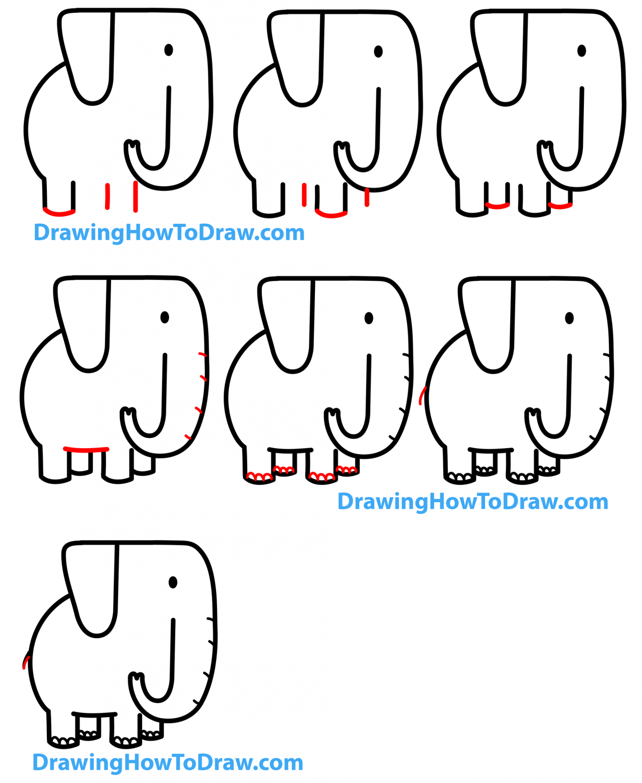 How to Draw a Cartoon Elephant with Letter J Shapes - Easy Step-by-Step