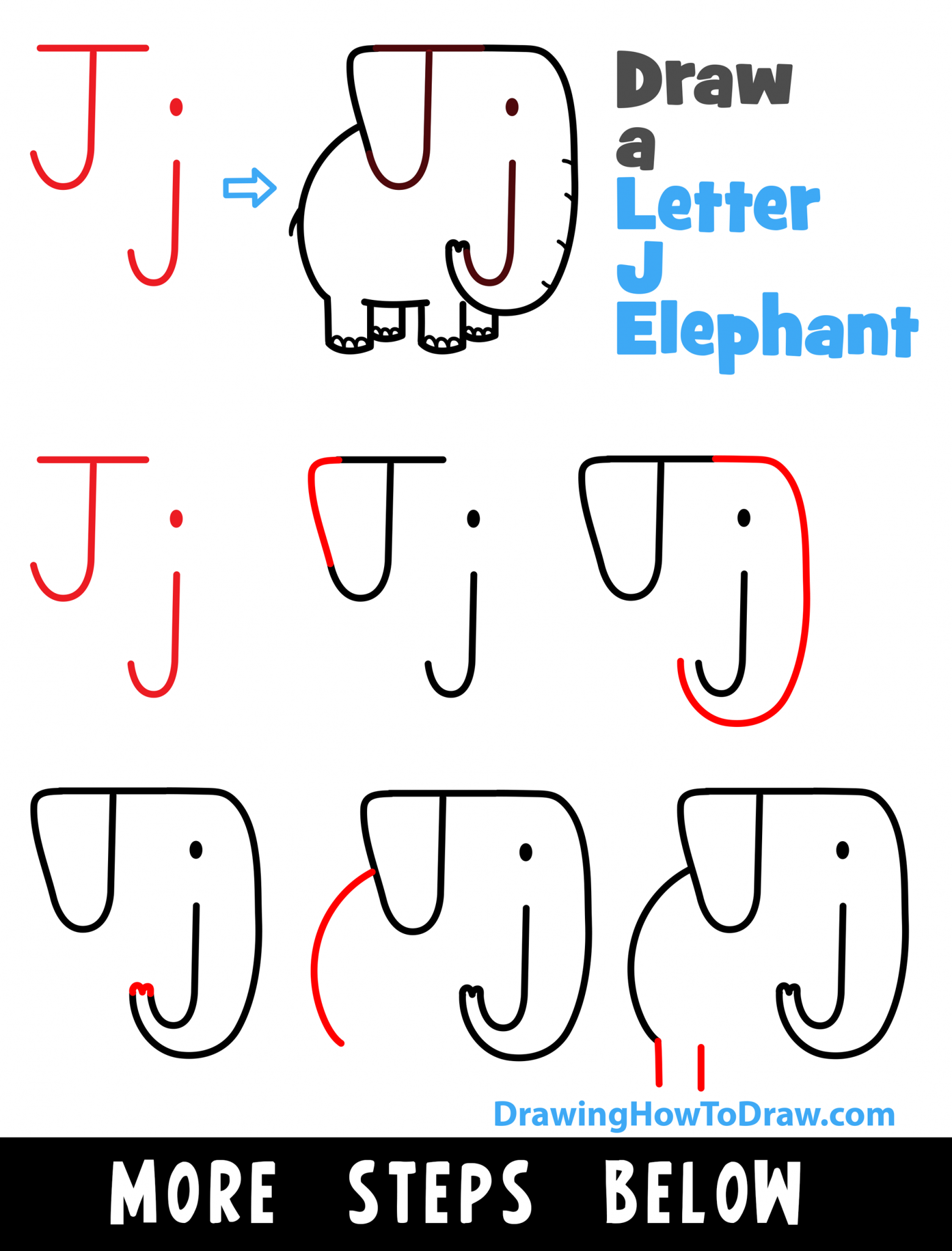 How to Draw a Cartoon Elephant with Letter J Shapes Easy StepbyStep