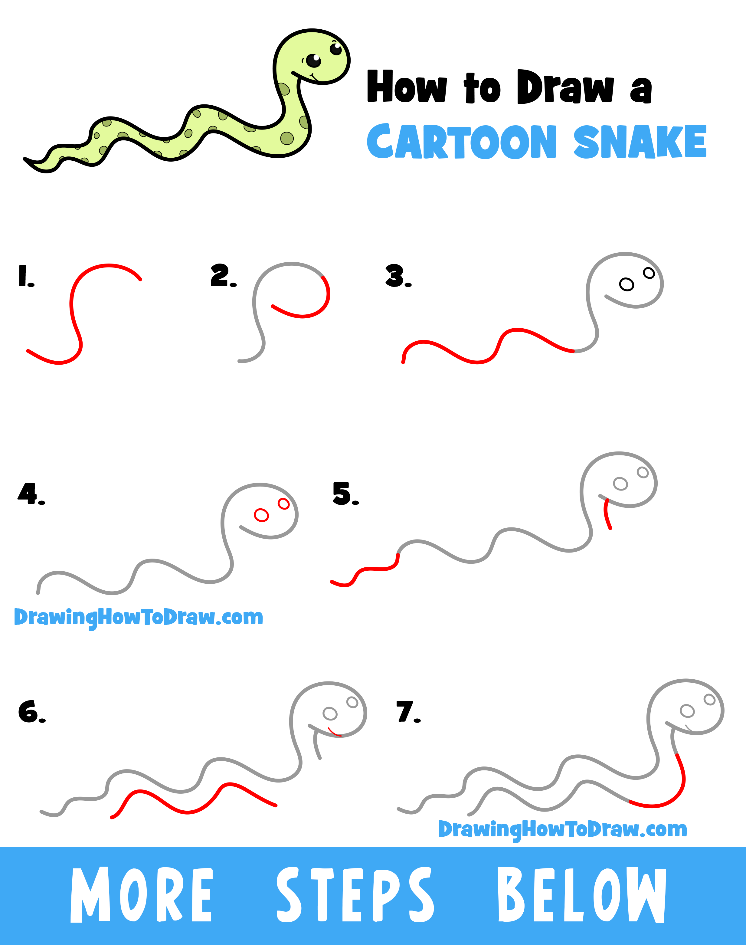 howtodraw cartoon snakes easy stepbystep drawing tutorial kids