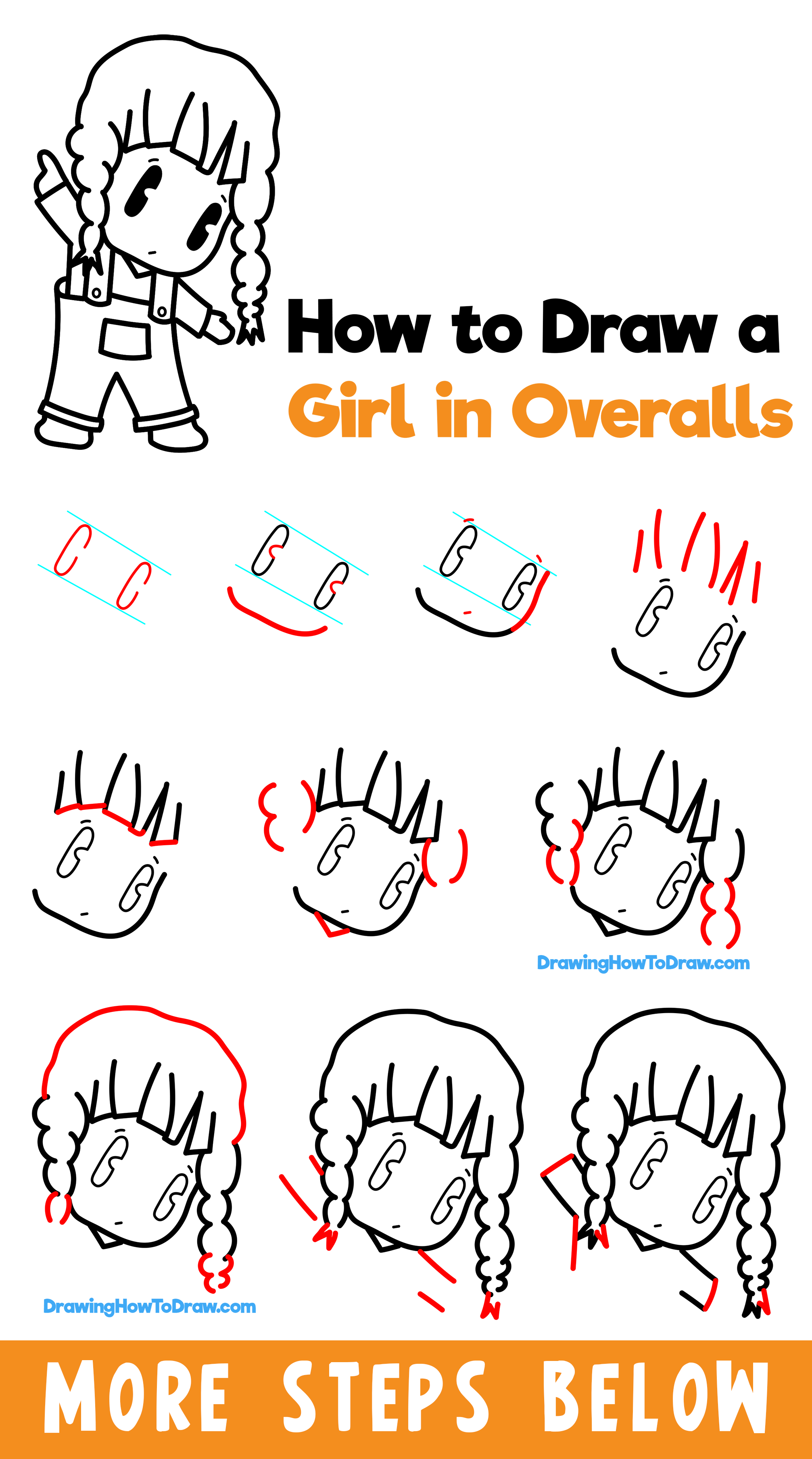 How to Draw a Cute Chibi Kawaii Girl in Overalls Easy Step-by-Step