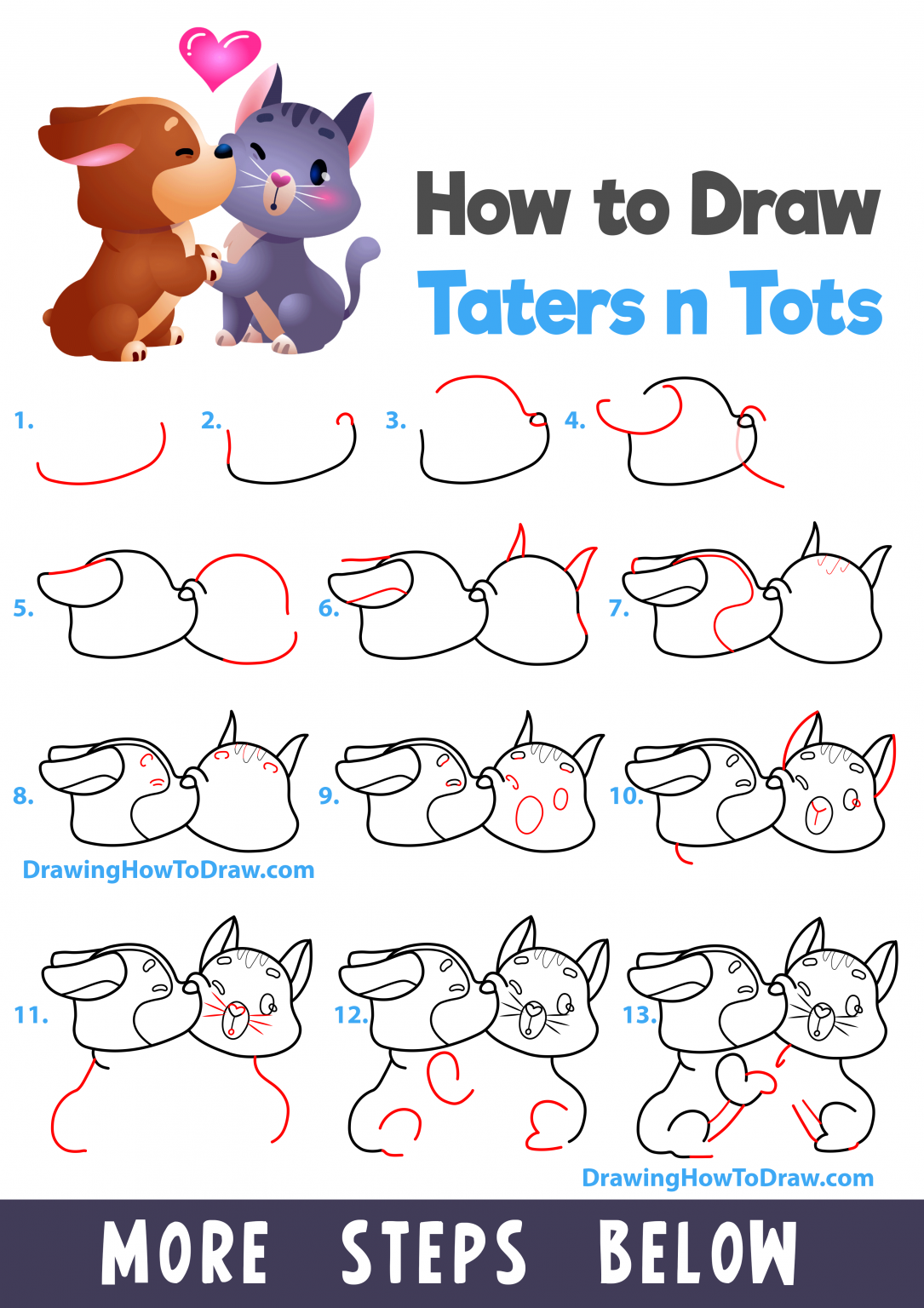 How to Draw a Cute Kawaii Chibi Dog & Cat Kissing (Taters N Tots) Easy ...