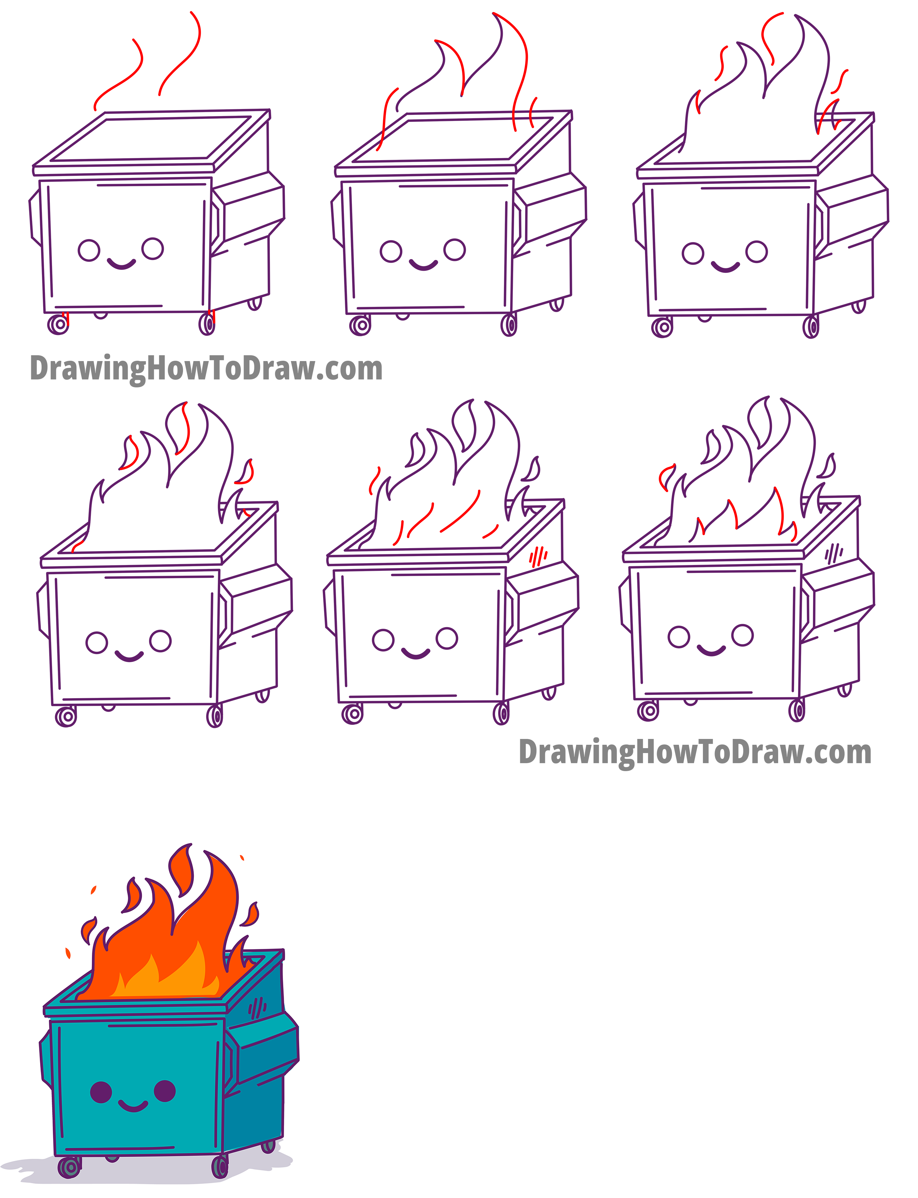 How To Draw a Cute Dumpster Fire Kawaii / Chibi Style Easy Step by Step Drawing Tutorial for Kids