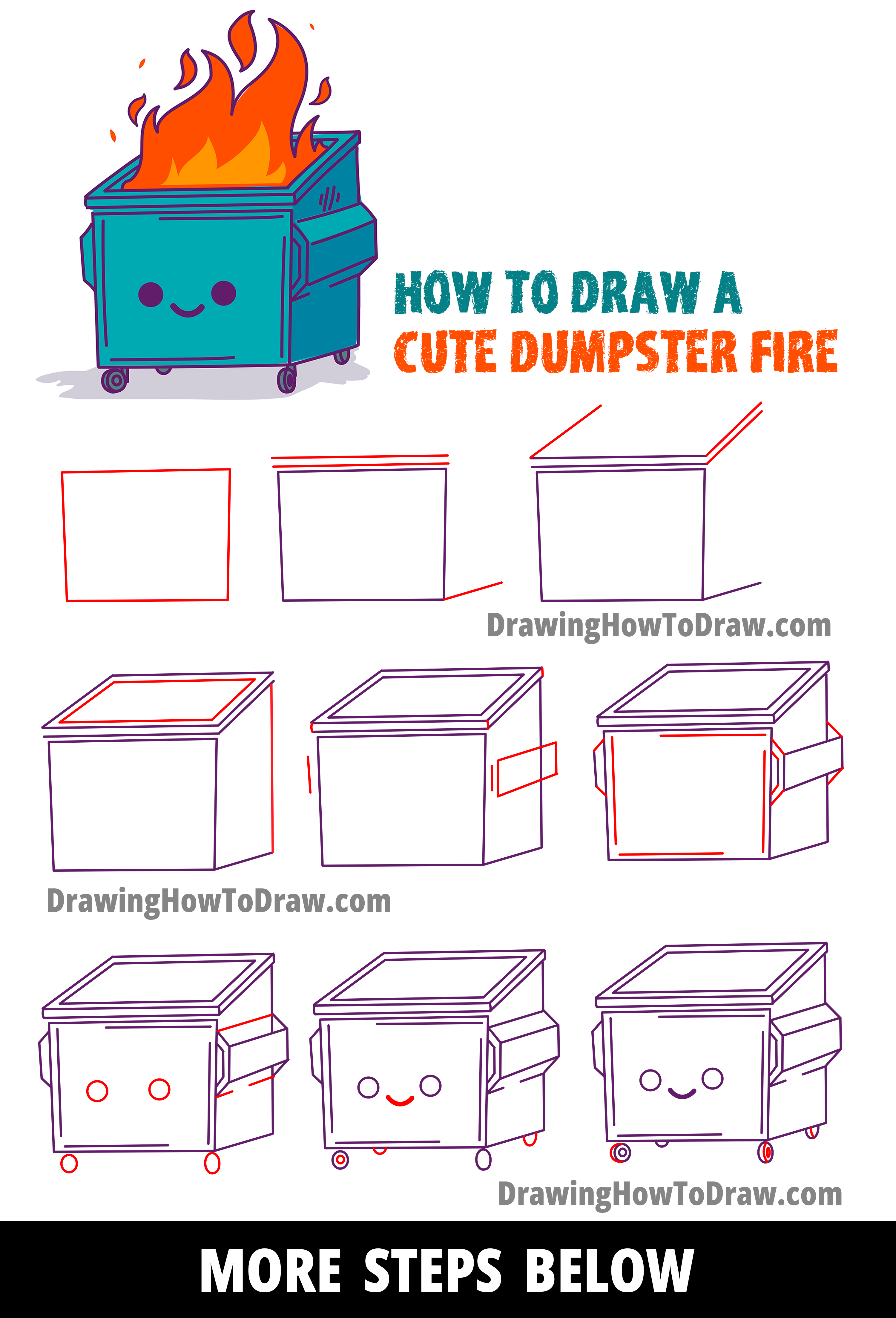 How To Draw a Cute Dumpster Fire Kawaii / Chibi Style Easy Step by Step Drawing Tutorial for Kids