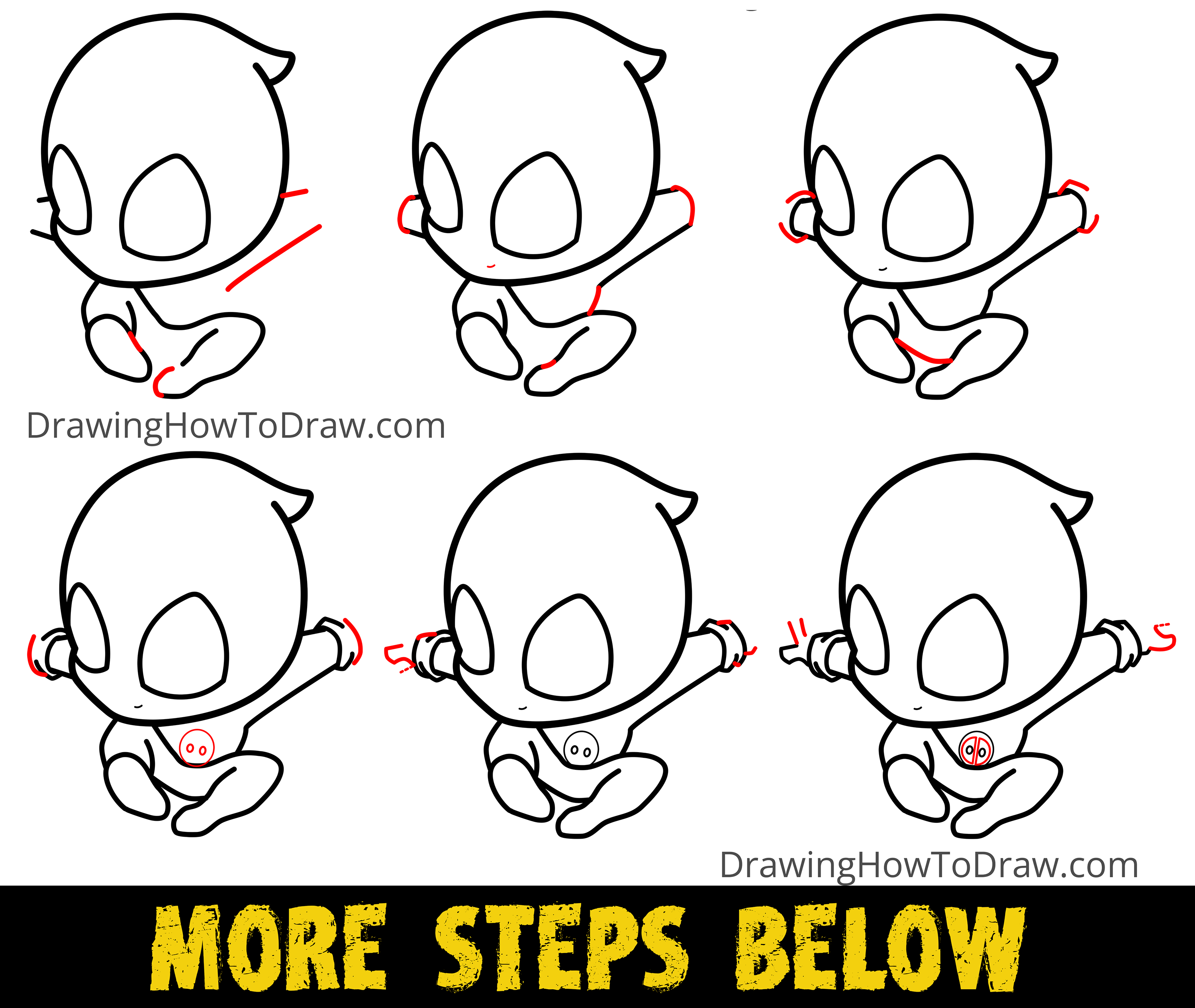 How to Draw Cute Kawaii Cartoon / Chibi Deadpool in Action Easy Step-by-Step Drawing Tutorial for Beginners