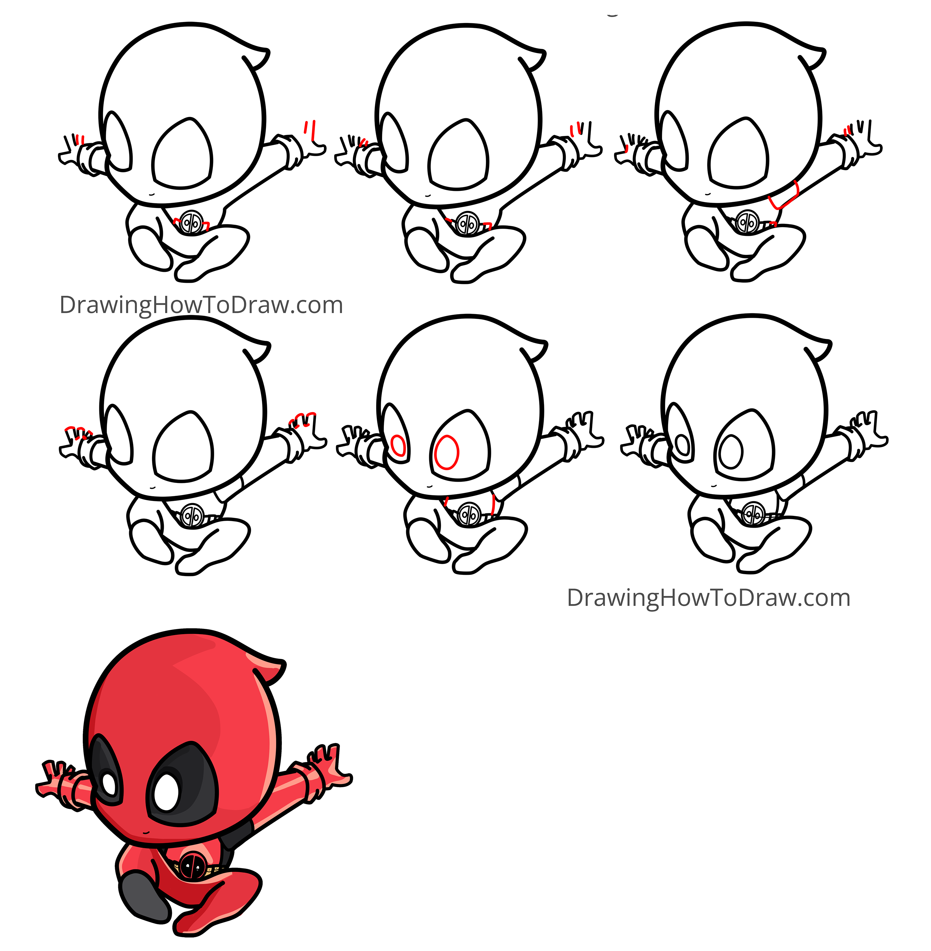 How to Draw Cute Kawaii Cartoon / Chibi Deadpool in Action Easy Step-by-Step Drawing Tutorial for Beginners