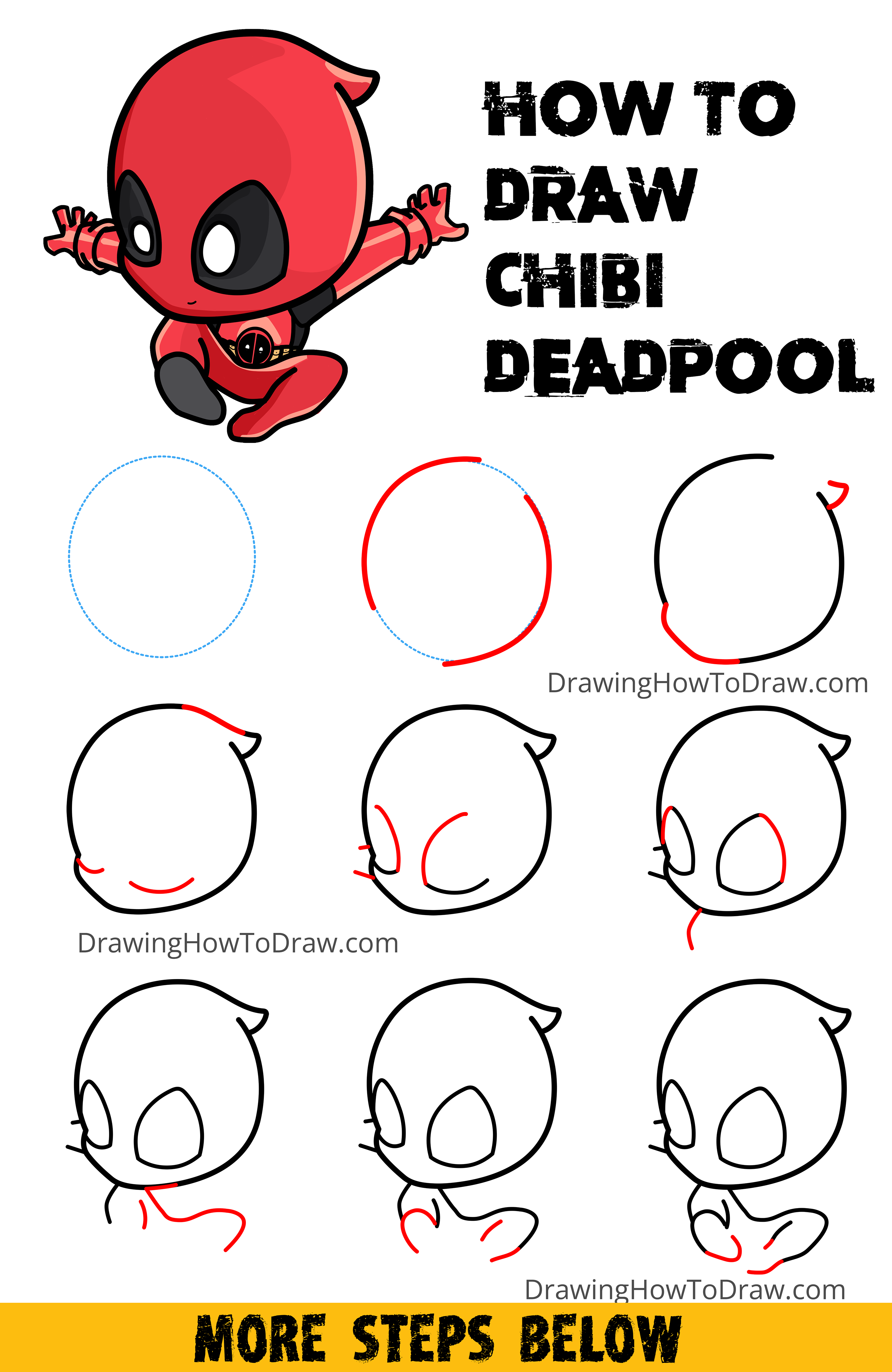 How to Draw Cute Kawaii Cartoon / Chibi Deadpool in Action Easy Step-by-Step Drawing Tutorial for Beginners