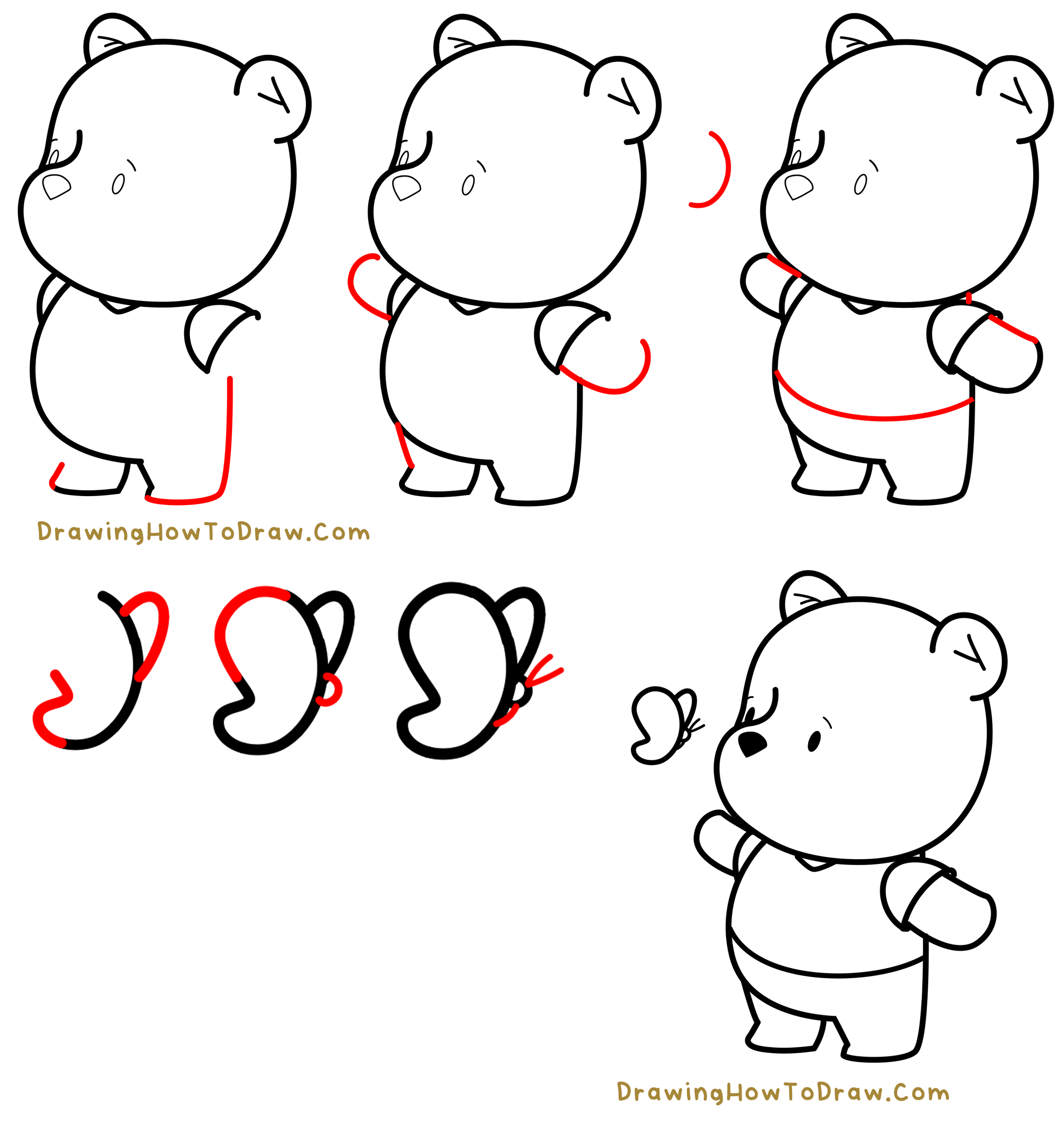 How To Draw Cute Kawaii Chibi Winnie The Pooh With Butterfly Easy Step-by-Step Drawing Tutorial