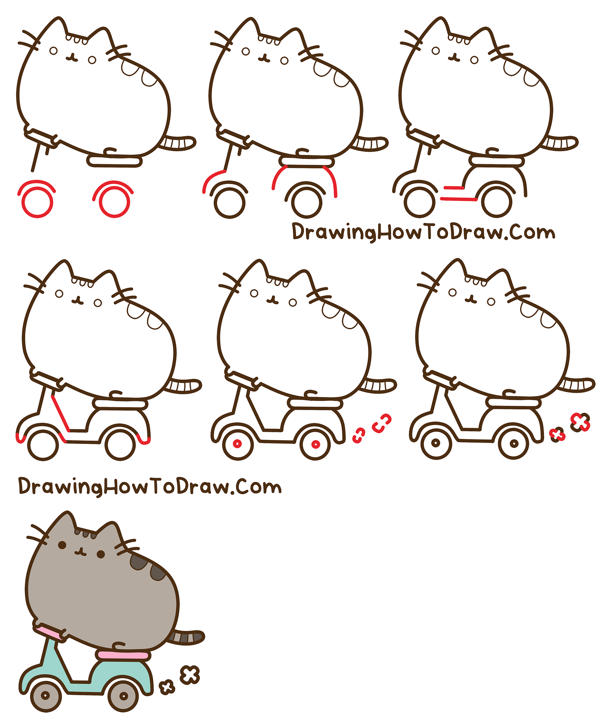 How to Draw Pusheen Cat on a Scooter Kawaii Cute Cat Easy Step-by-Step Drawing Tutorial for Kids