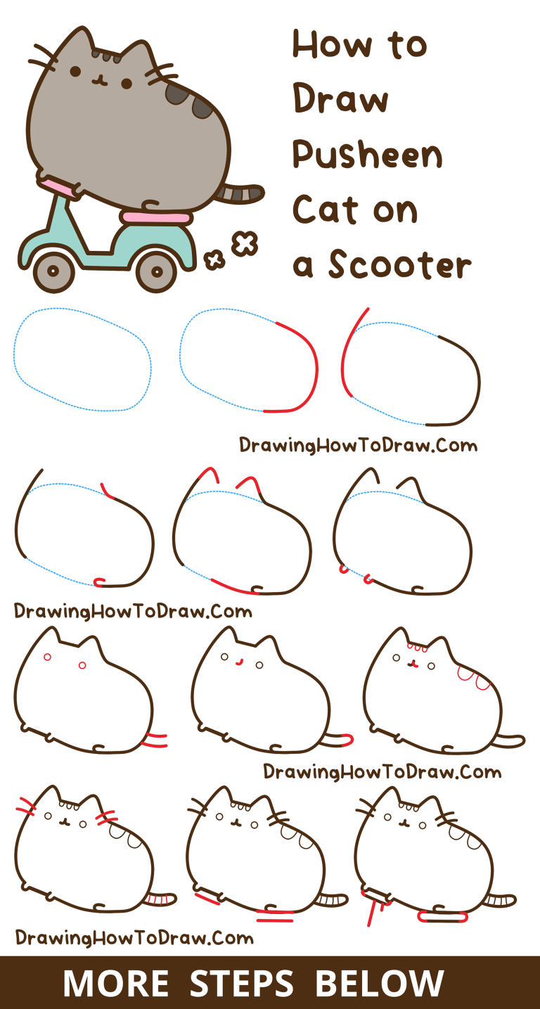 How to Draw Pusheen Cat on a Scooter Kawaii Cute Cat Easy Step-by-Step ...